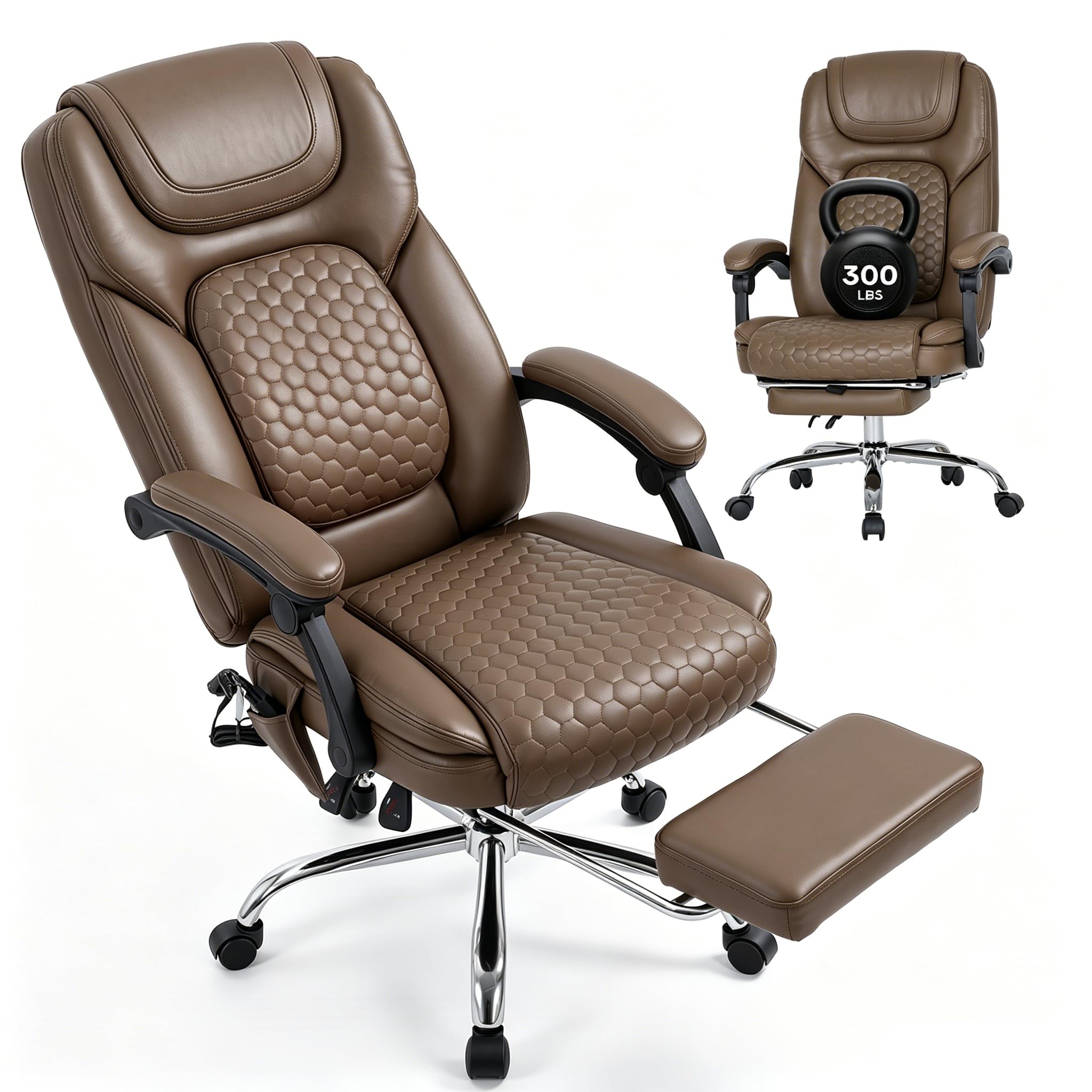 MALOL Massage Office Chair with Heat and Footrest - 3-Level 65°C Targeted Heating, 20-Min Easy Assembly Leather Desk Chair, Big and Tall Executive Computer Chair with Side Pocket, 300 lbs, Beige