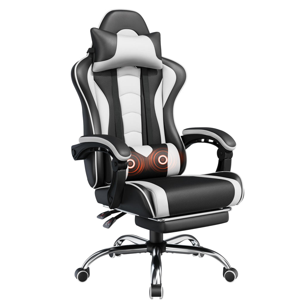 Yaheetech Gaming Chair with Electric Massage Lumbar Support, Footrest & Headrest — Ergonomic High Back Recliner for Home Office, Computer Desk Chair, Height Adjustable, 300 lbs, Black/White