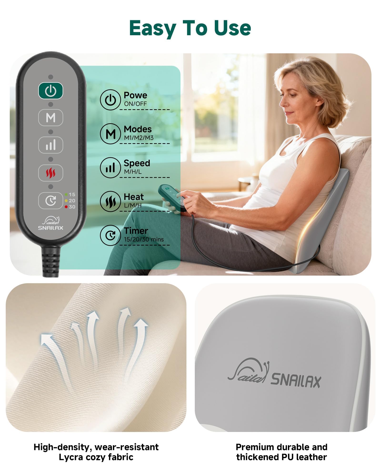 Snailax Back Massager with Heat – 3D Shiatsu Massage Pillow for Neck & Back, Fixed Kneading Nodes, Chair & Sofa Use, Gift for Mom, Dad, Women & Men