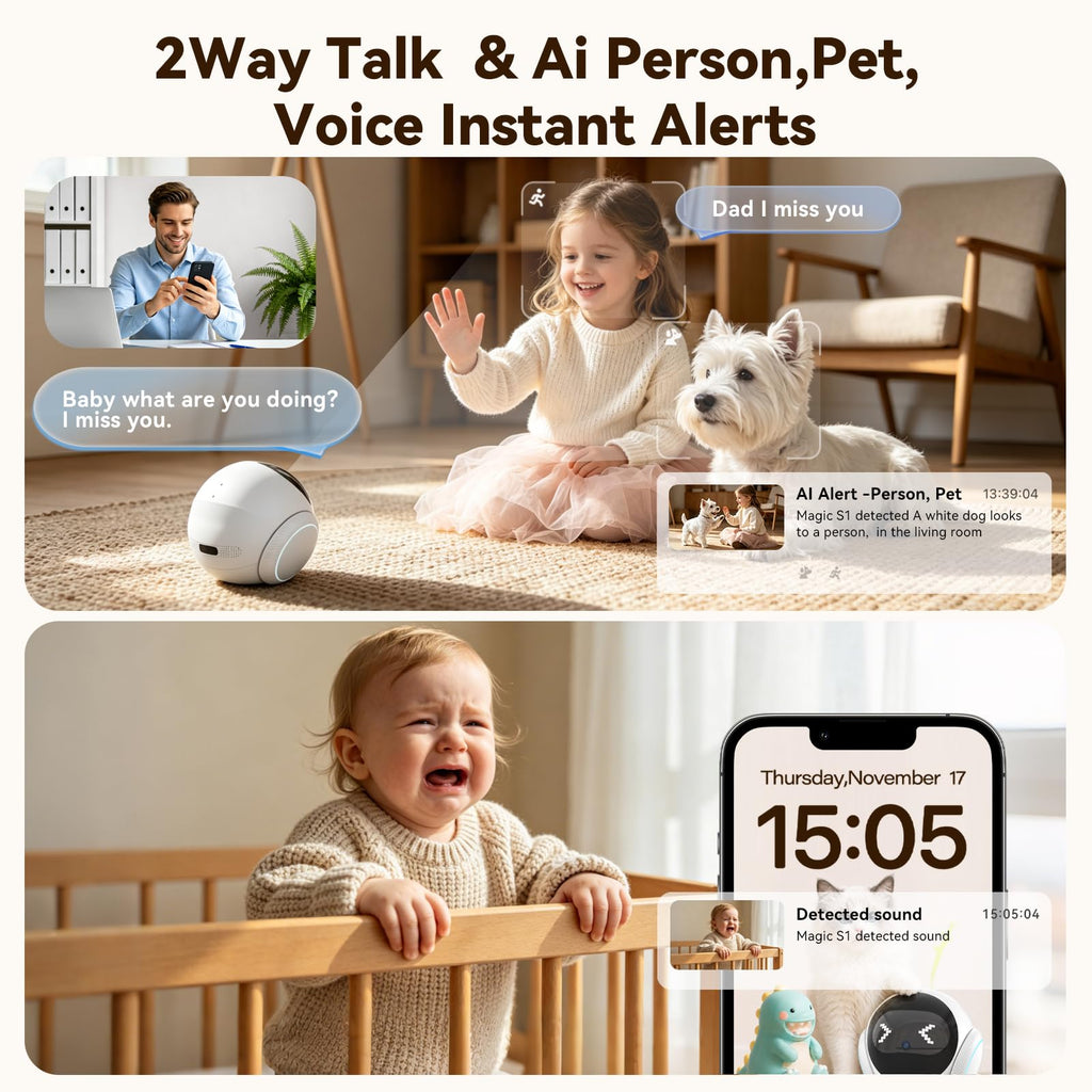 Vivideye Pet Camera 1080P, Movable Robot Security Camera for Dog Cat, Rolling Robot Indoor Camera with Talk,Battery-Operated, Auto-Recharge, Night Vision,SD/Cloud Storage, Pet/Human/Voice Detection