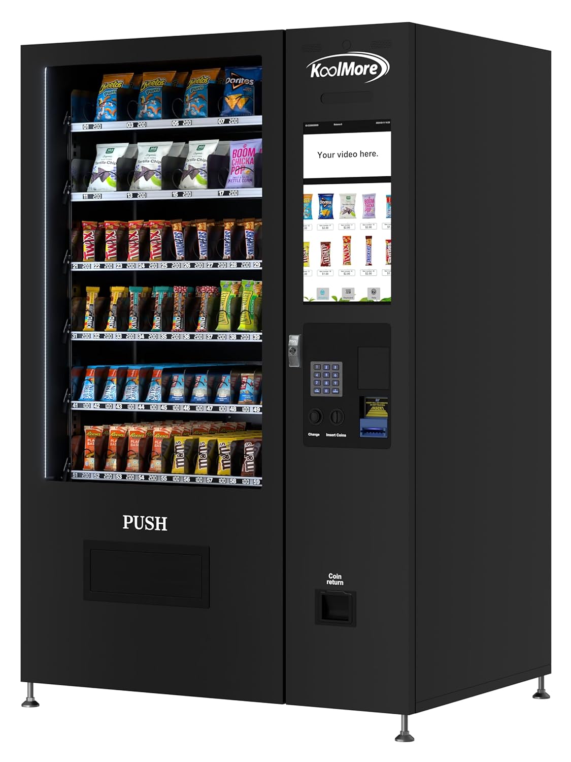 KoolMore Non-Refrigerated Snack Vending Machine with 60 Slots, Coin and Bill Acceptor, and 22 Inch Touch Screen in Black (KM-VMNT-50-BC)