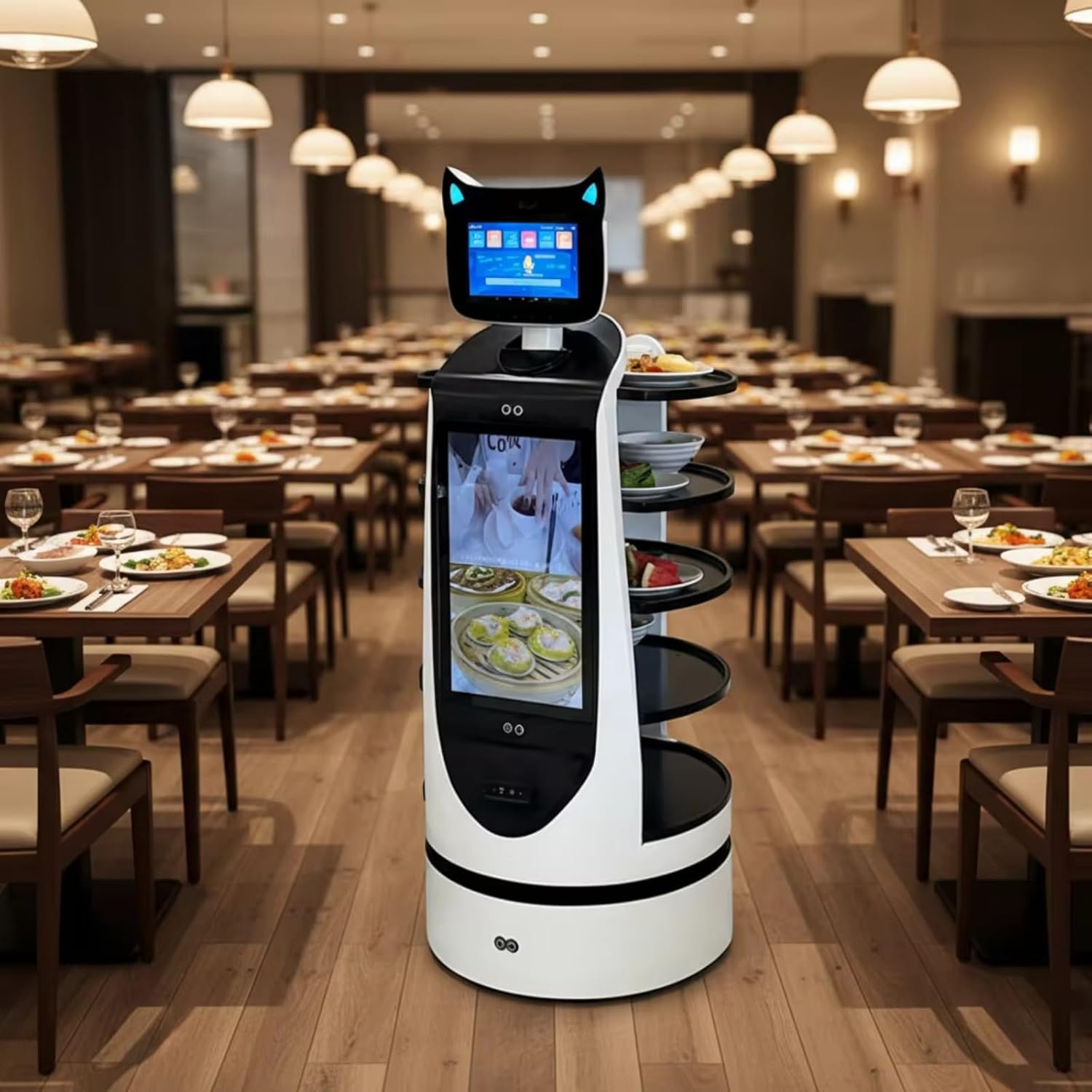 Autonomous Waiter Robot with 3D Obstacle Avoidance, Adjustable Tray & Anti-Spill Design for KTV Restaurant, Continuous Operation Food Delivery Service Robot with Auto Charging Function