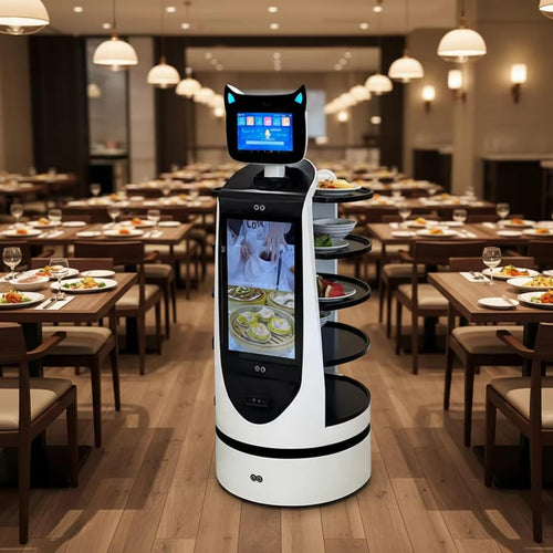 Autonomous Waiter Robot with 3D Obstacle Avoidance, Adjustable Tray & Anti-Spill Design for KTV Restaurant, Continuous Operation Food Delivery Service Robot with Auto Charging Function