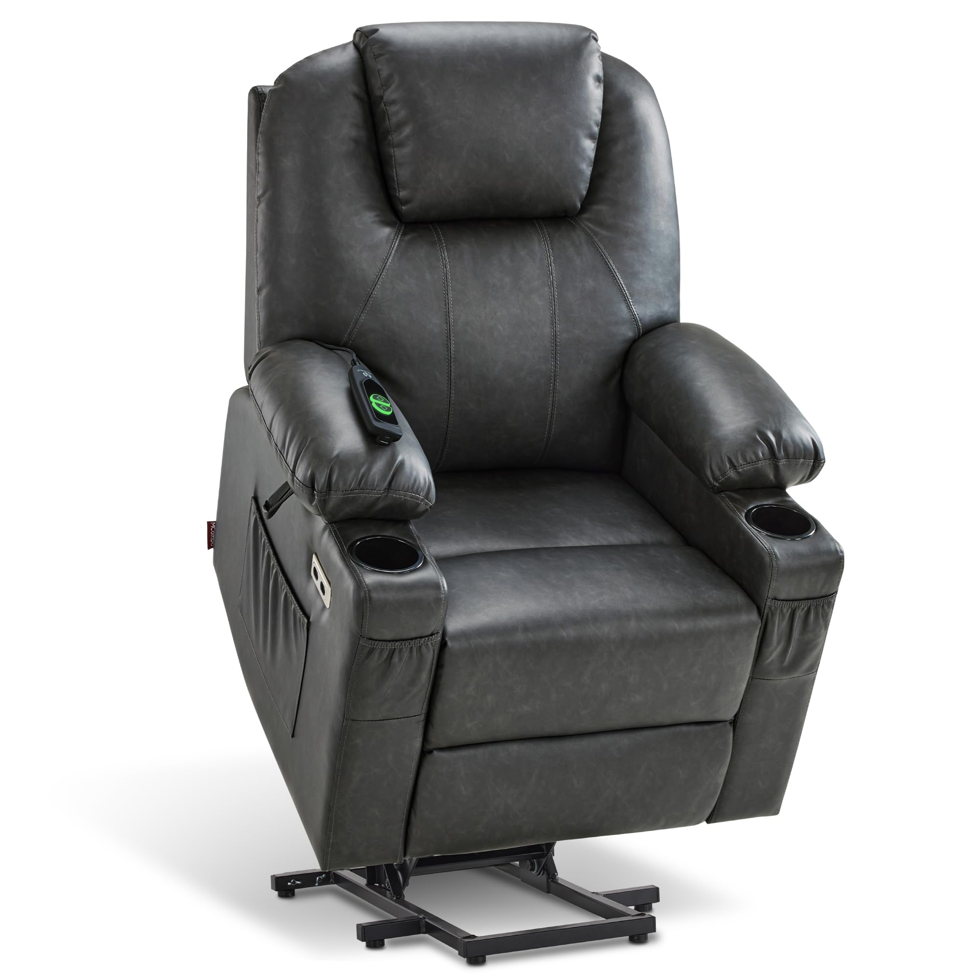 MCombo Electric Power Lift Recliner Chair Sofa with Massage and Heat for Elderly, 3 Positions, 2 Side Pockets, and Cup Holders, USB Ports, Faux Leather 7040 (Grey, Medium)