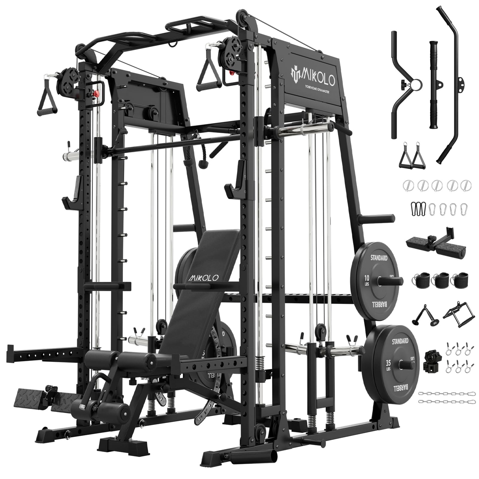 Mikolo M4 2.0 Smith Machine, 2200lbs Squat Rack with LAT-Pull Down System & Cable Crossover Machine, Training Equipment with Leg Hold-Down Attachment