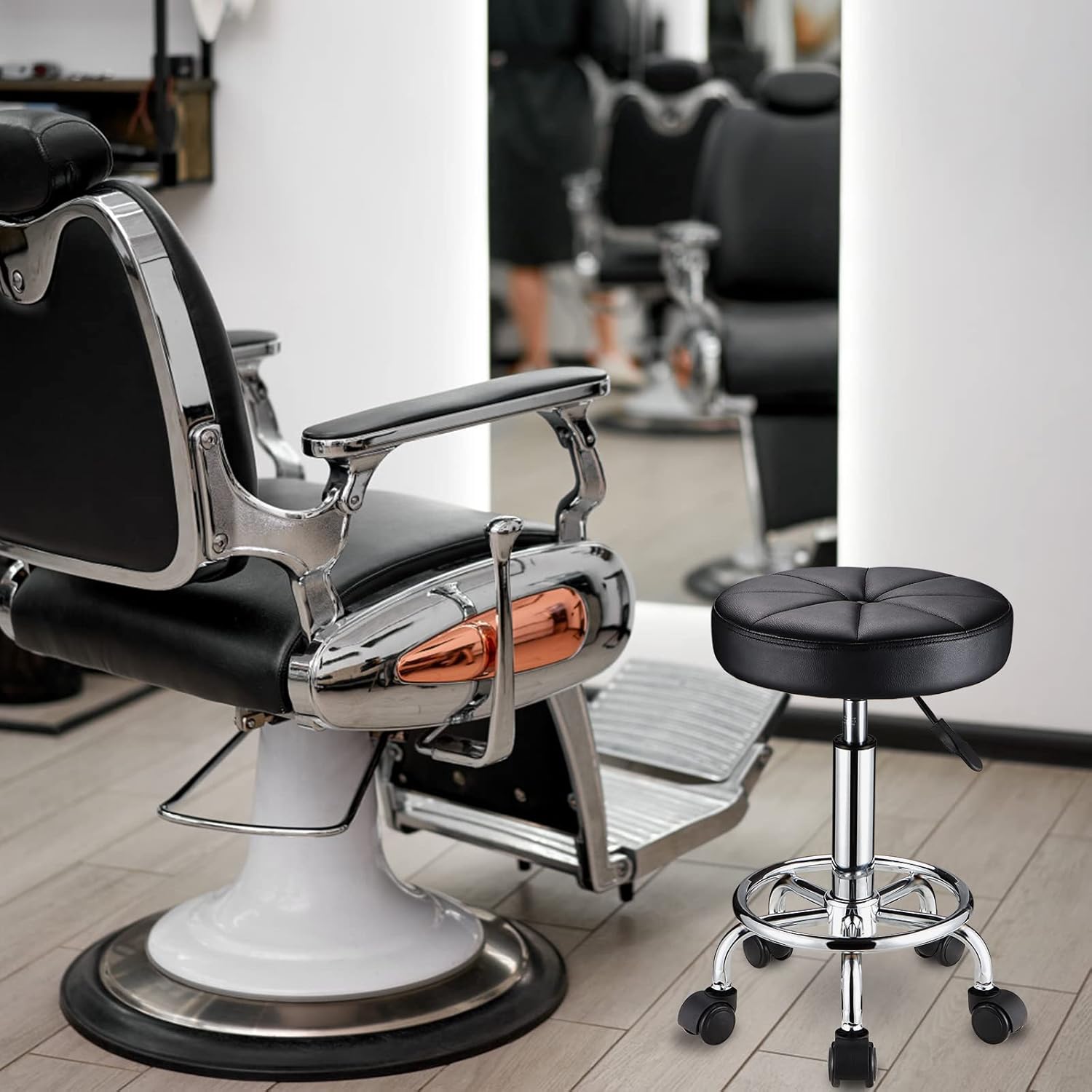 HMTOT Round Rolling Stool with Wheels Height Adjustable Swivel Stool Chair for Spa Salon Massage Black
