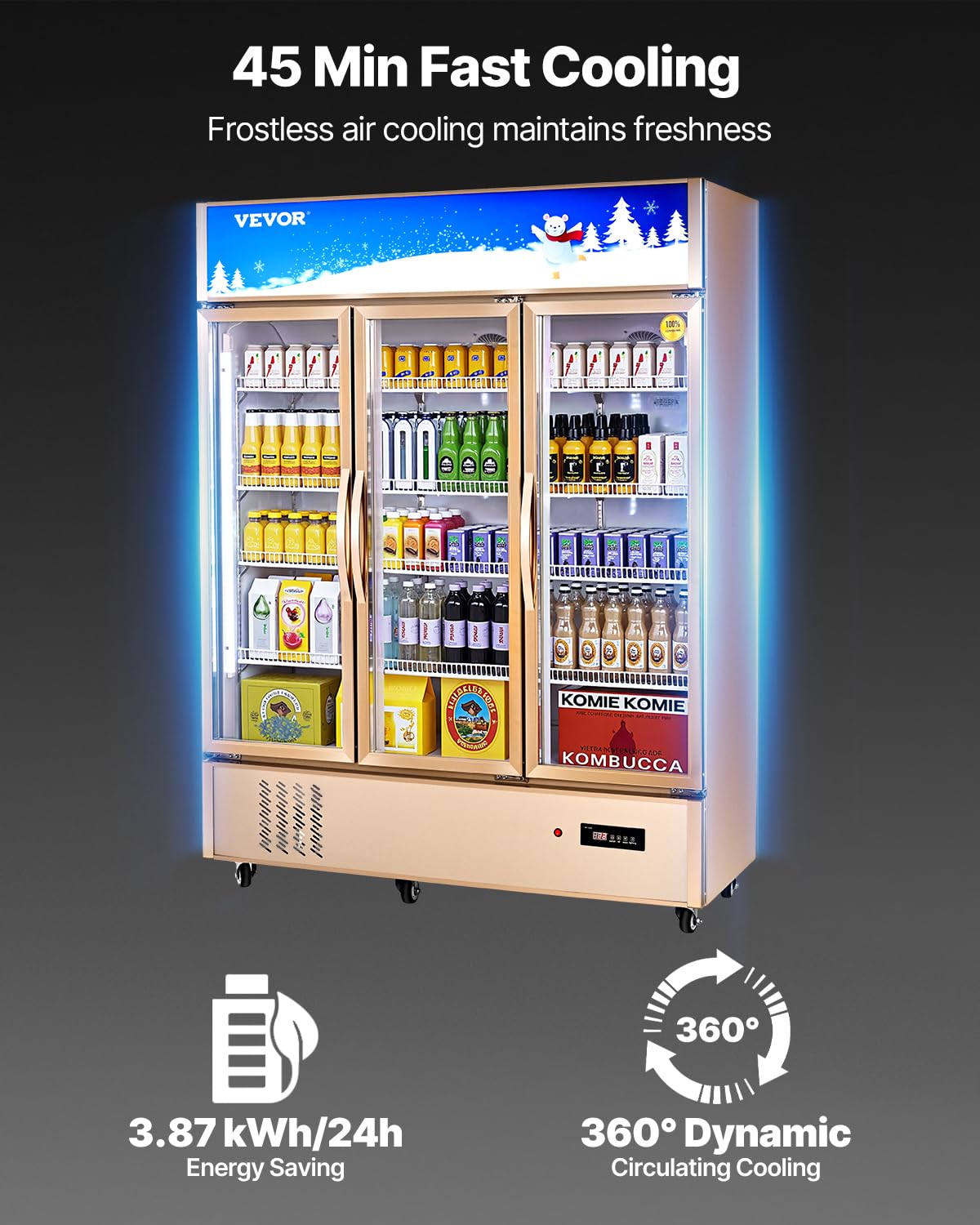 VEVOR Commercial Merchandiser Refrigerator 2 Glass Doors, 23 Cubic Ft, Upright Display Beverage Cooler 79" Tall x 39.4" Width, Fridge with LED Lighting for Drink Wine Soda, Gold