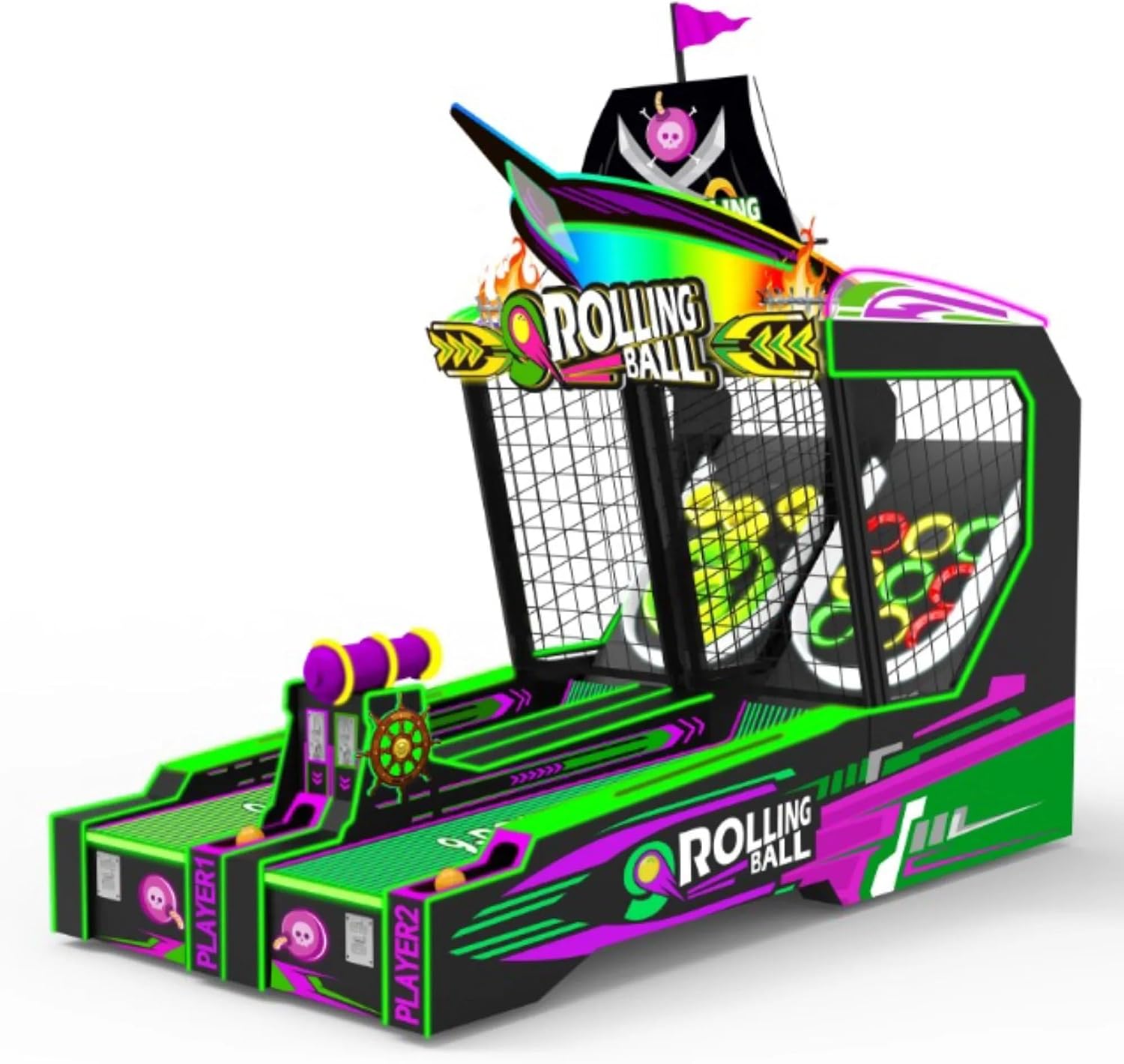CREATIVE ARCADES Neon Pirate Dual-Lane Skeeball Machine, Coin Operated, Ticket Redemption, LED Lighting, Pirate Theme, for Arcades and FECs