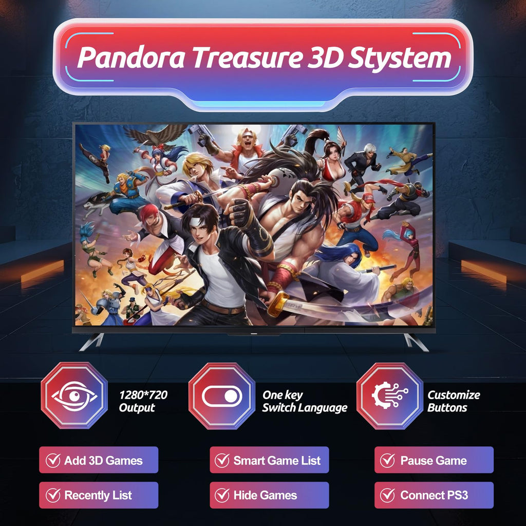 Pandora Box Arcade Console with 32000 Games in 1, 1280x720 Full HD Retro Gaming Machine for TV, Monitor, and Projector, 3D Games Support 1-4 Players, Search/Save/Hide/Pause Functions