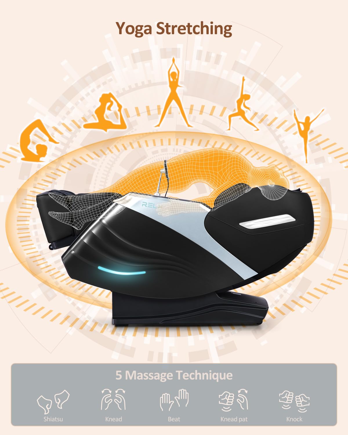 RELX Massage Chair Full Body, 20 Modes Zero Gravity SL-Track Shiatsu Massage Chair Built-in Heat System, Airbag Massage with Body Scan, Deep Yoga Stretch, Calfrest Extension and AI Control(Cream)