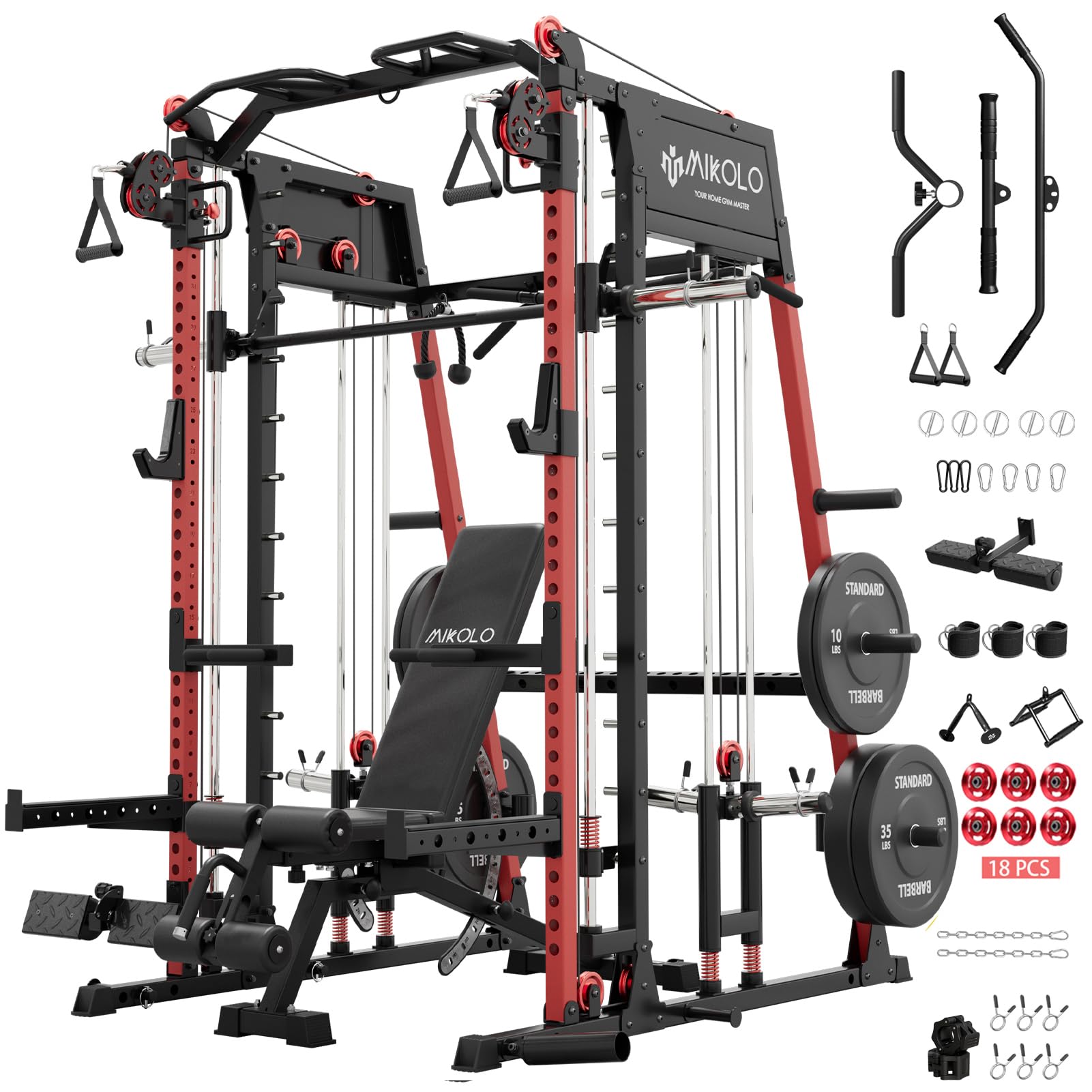 Mikolo M4 2.0 Smith Machine, 2200lbs Squat Rack with LAT-Pull Down System & Cable Crossover Machine, Training Equipment with Leg Hold-Down Attachment