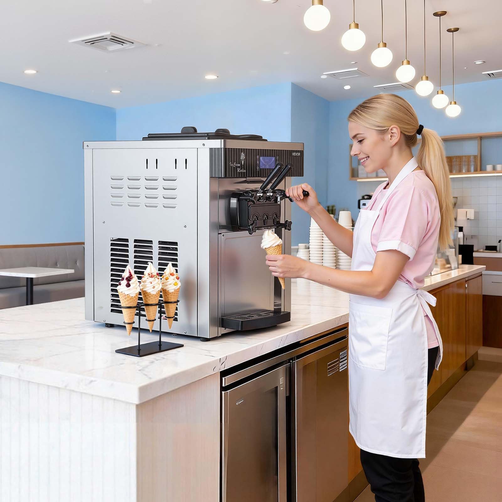VEVOR Commercial Ice Cream Machine, 21 QT/H Soft Serve Ice Cream Maker with LCD Panel Auto Clean 3-Flavor Pre-cooling for Restaurant Snack Bar