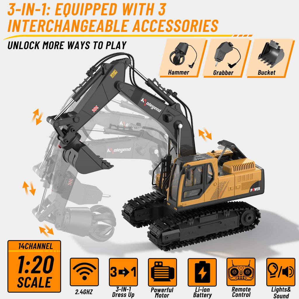 kolegend 3 in 1 Remote Control Excavator Toy 1/14 Scale RC Excavator, 15 Channel Upgrade Full Functional Construction Vehicles with Tools Metal Breaker and Electric Gripper(Yellow/Black)