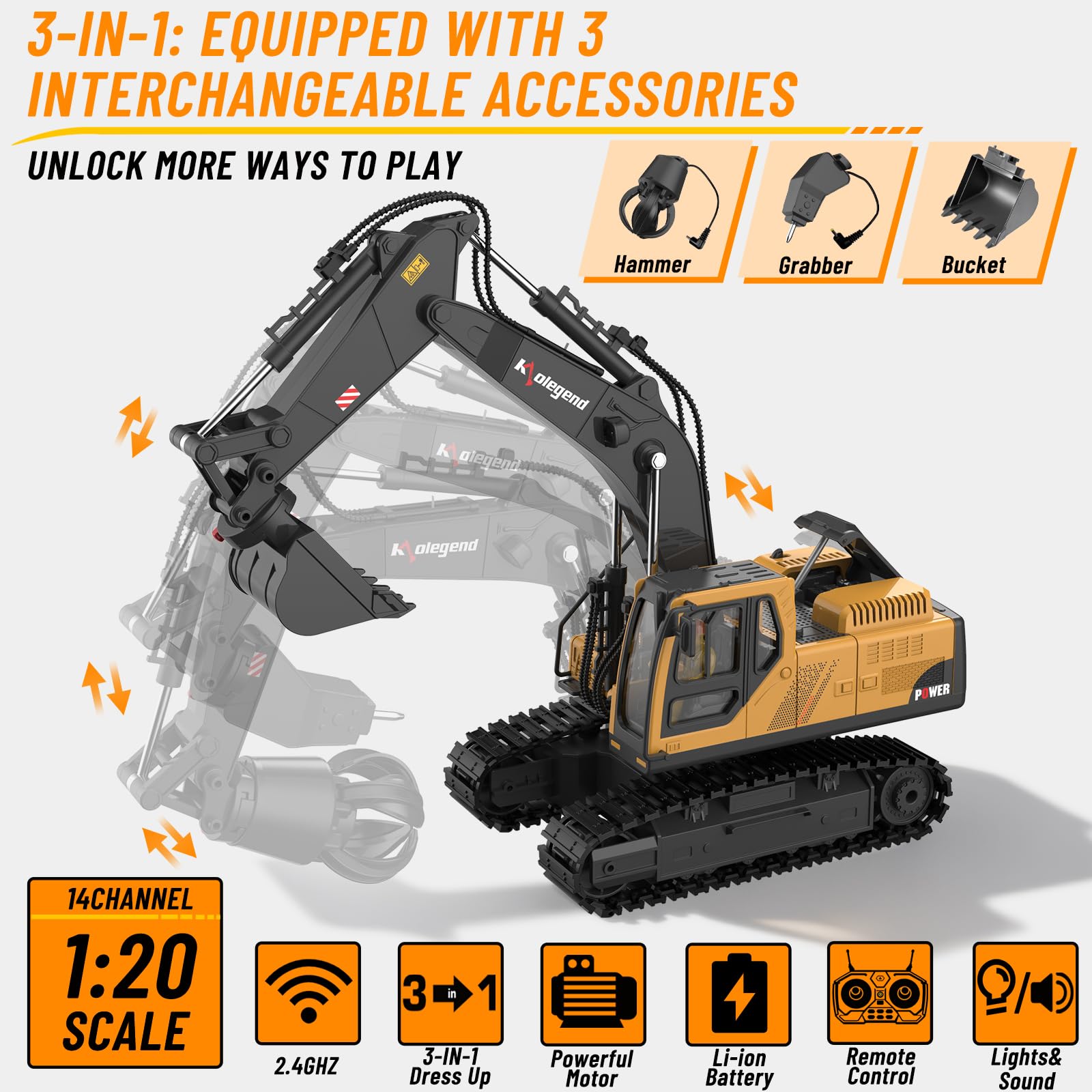 kolegend 3 in 1 Remote Control Excavator Toy 1/14 Scale RC Excavator, 15 Channel Upgrade Full Functional Construction Vehicles with Tools Metal Breaker and Electric Gripper(Yellow/Black)