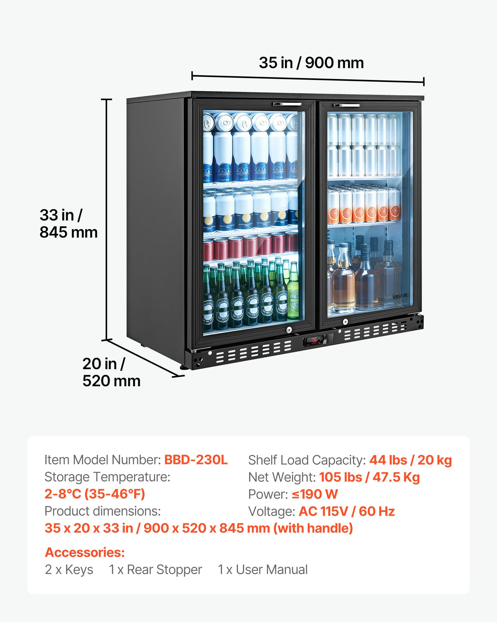 VEVOR Back Bar Cooler, 11.8 Cu. Ft Counter Height Beverage Refrigerator, Commercial Display Fridge w/ 2 Glass Doors, LED Lighting, Shelves, Fan Cooling Beer Wine Cooler for Pub, Merchandiser, Office