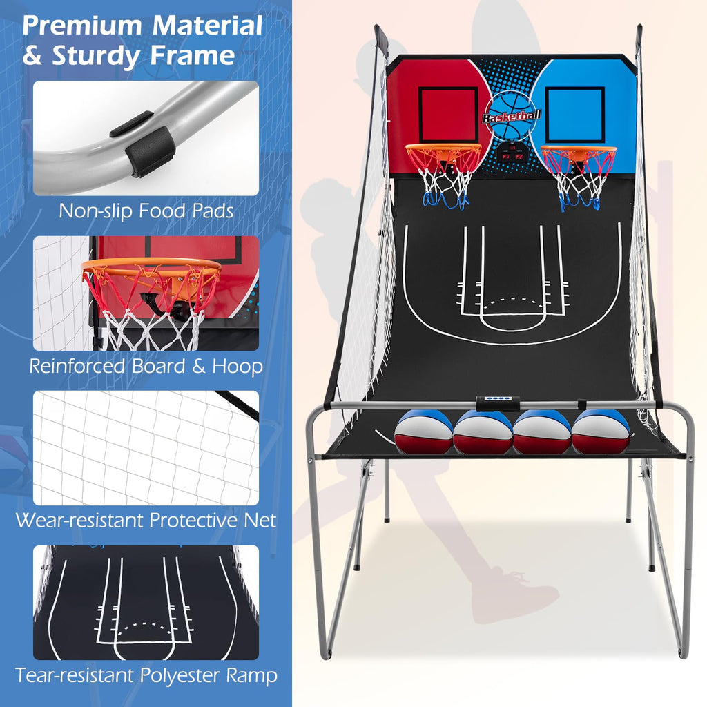 Goplus Foldable Dual Shot Basketball Arcade Game, Electronic Basketball Hoop w/LCD Scoreboard, 8 Game Modes, 4 Balls, Indoor Outdoor Basketball Game Machine for Adults (Green)