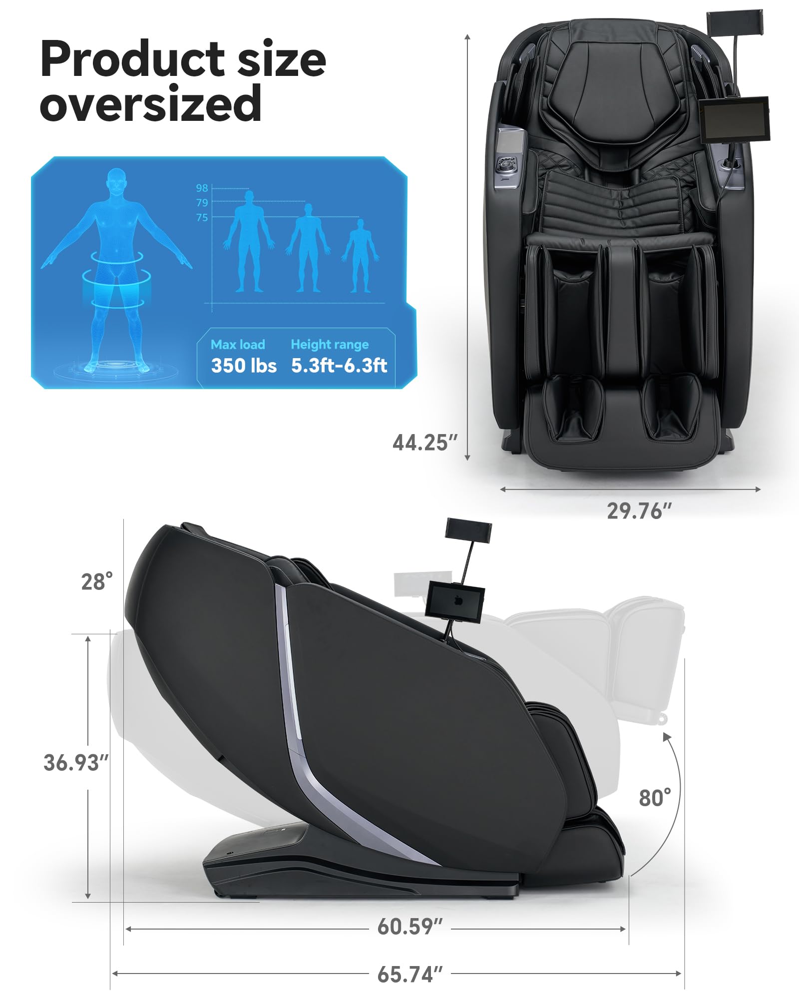Massage Chair Full Body Zero Gravity, 3D ‌SL-Track Shiatsu Massage with Unique Rocking Sleep Mode, Upgraded Calf & Knee Massage (+11cm) for Tall People, Wireless Charging &Touch Screen,Black