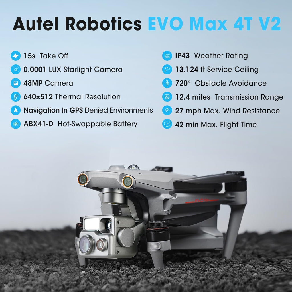 Autel Robotics EVO MAX 4T V2, Upgrade of MAX 4T/ 4T XE, 2026 Support Remote ID,1/2'' CMOS 48MP Wide, 640x512 T~hermal Camera, 16.4–3737ft L~aser Rangefinder, 48MP Zoom Camera, Battery In-place Detection, No Blind Spots, A-Mesh 1.0, Triple Anti-Jamming