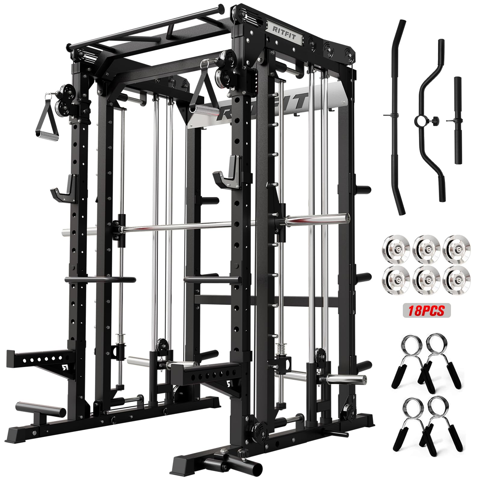 RitFit M2 3D Smith Machine & 286.6LB Built-in Weight Stack with Cable Crossover System, All in One Functional Trainer & Power Cage, 16 Adjustment Holes, 6 Storage Pegs for Full-Body Home Gym