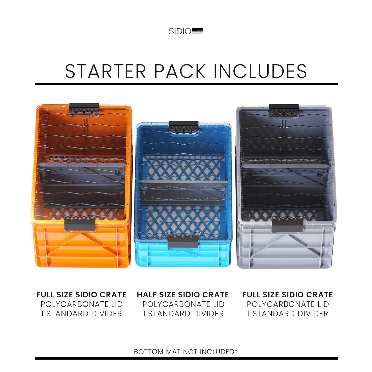 SIDIO CRATE Starter Pack - Two Full Size and One Half Size SidioCrate, Stackable Outdoor Organizer Storage Bins with Clear Lid and Dividers - Tan
