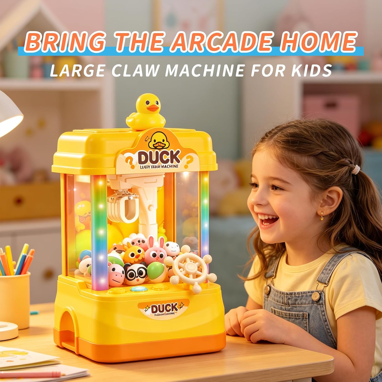 Duck Claw Machine for Kids, 13 Inch Mini Claw Machine Arcade Toy with Plush Toys, Capsules, Lights and Music, Toy Claw Machine for Kids, Family Game Prize Dispenser, Birthday Gift for Boys Girls