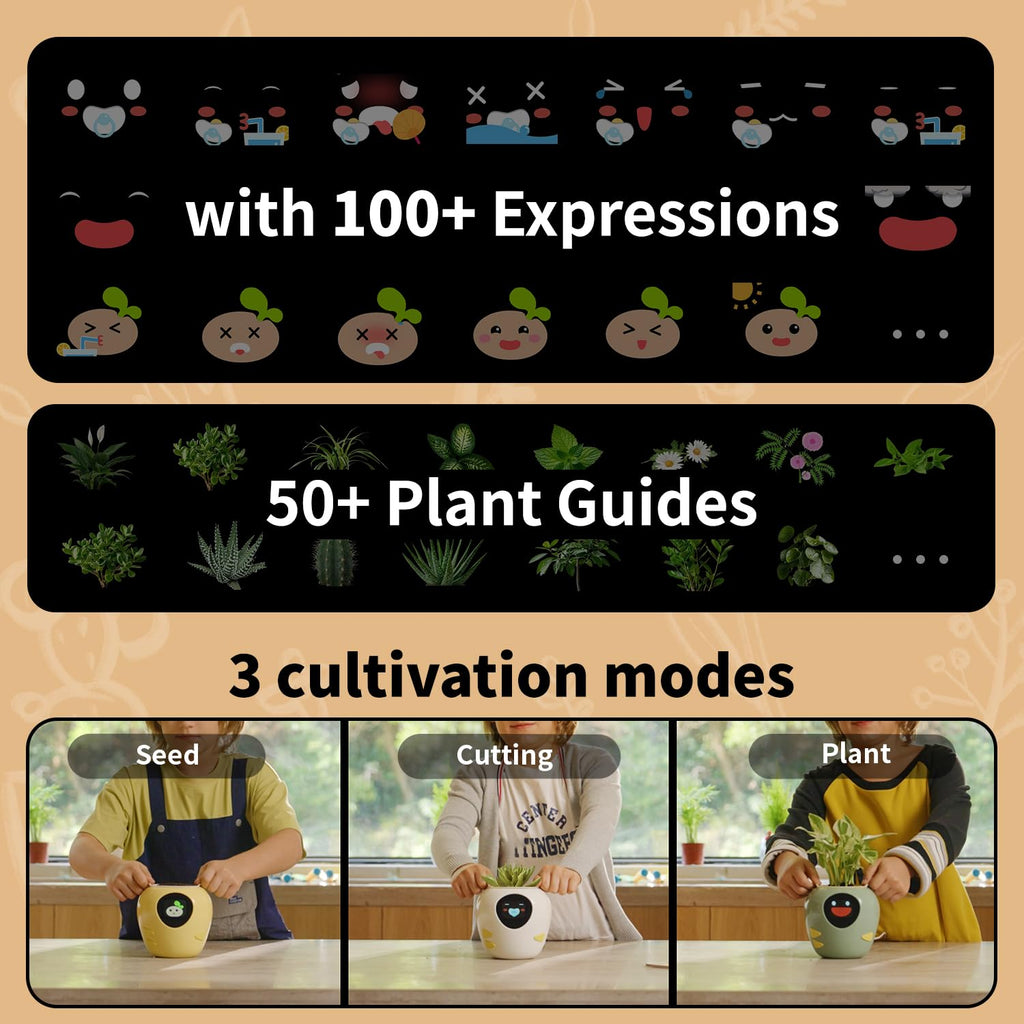 Plantbot Upgraded Large Smart Flower Pot Pet Planter Robot with Artificial Intelligence, Time Temperature Display, and Numerous Expressive Animations Based, for Indoor Decoration, Gifts (Yellow)