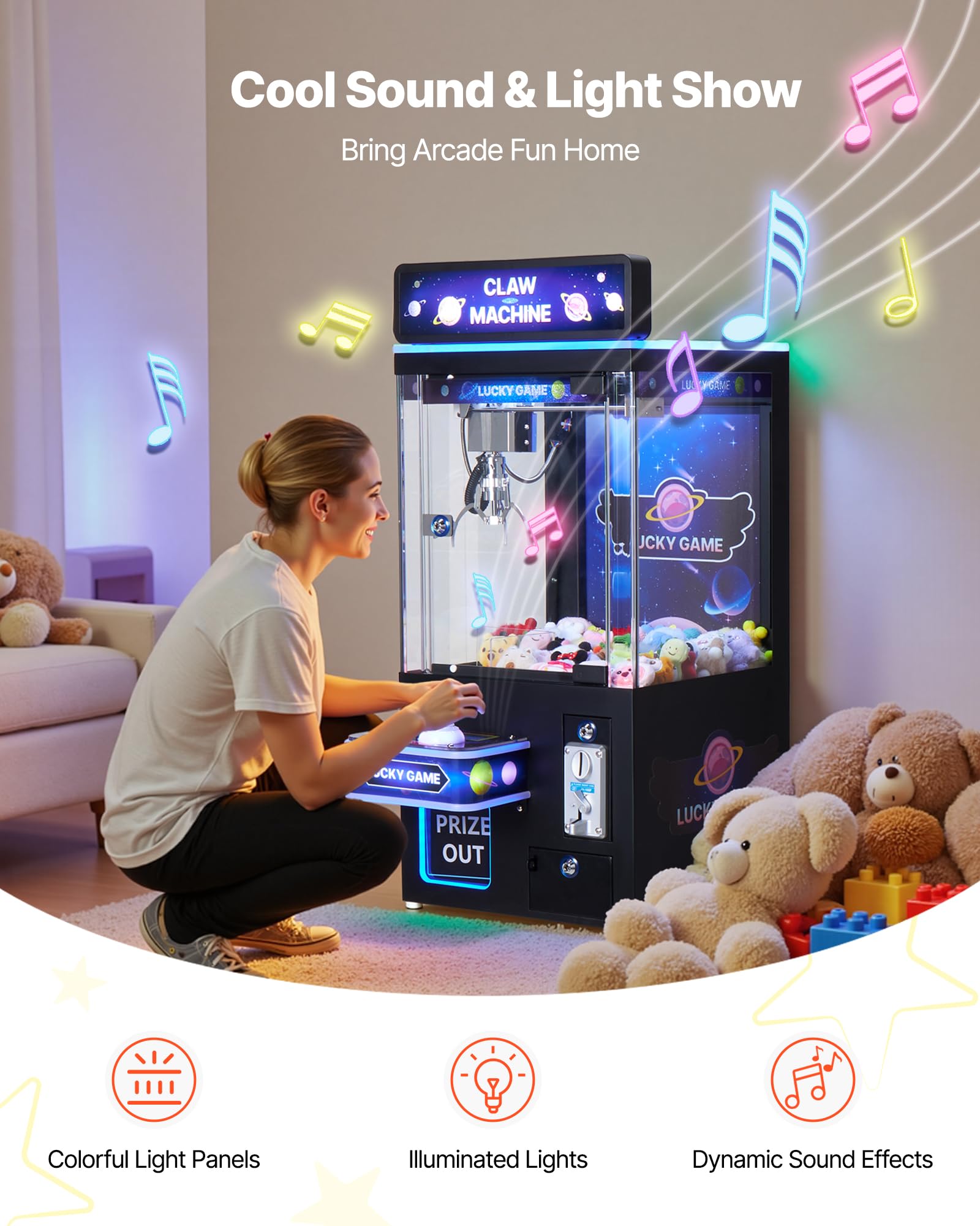 VEVOR Claw Crane Machine, Medium-Sized Arcade Game Machine with Claw + Grabber Double-Layer, Light & Sound, Toy Candy Grabber Prize Dispenser Vending Toy, for Commercial Home Cinema, Black Purple