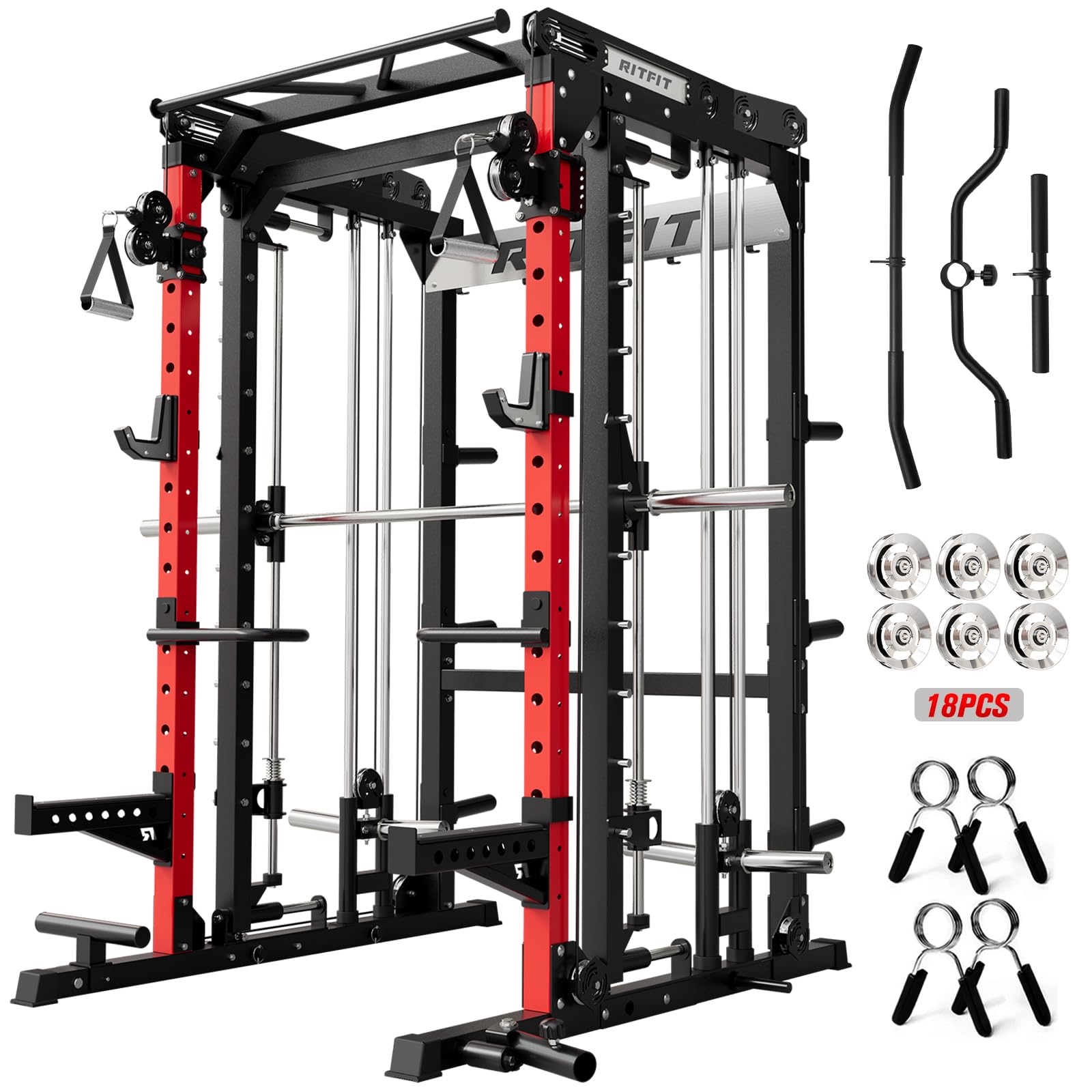 RitFit M2 3D Smith Machine & 286.6LB Built-in Weight Stack with Cable Crossover System, All in One Functional Trainer & Power Cage, 16 Adjustment Holes, 6 Storage Pegs for Full-Body Home Gym