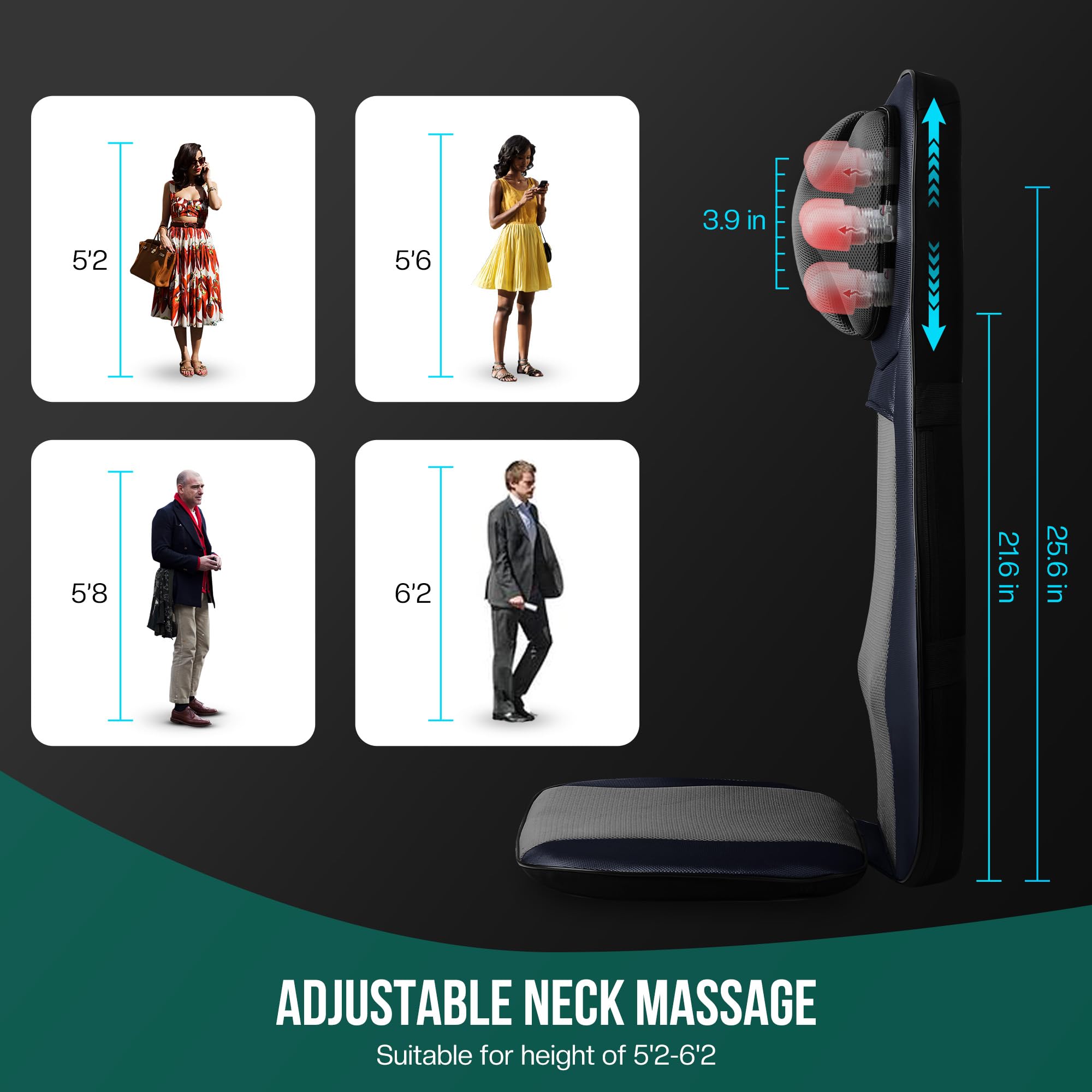 Snailax shiatsu Neck & Back Massager with Heat, Full Back Kneading Shiatsu or Rolling Massage, Massage Chair pad with Height Adjustment, Back Massager for Neck and Shoulder