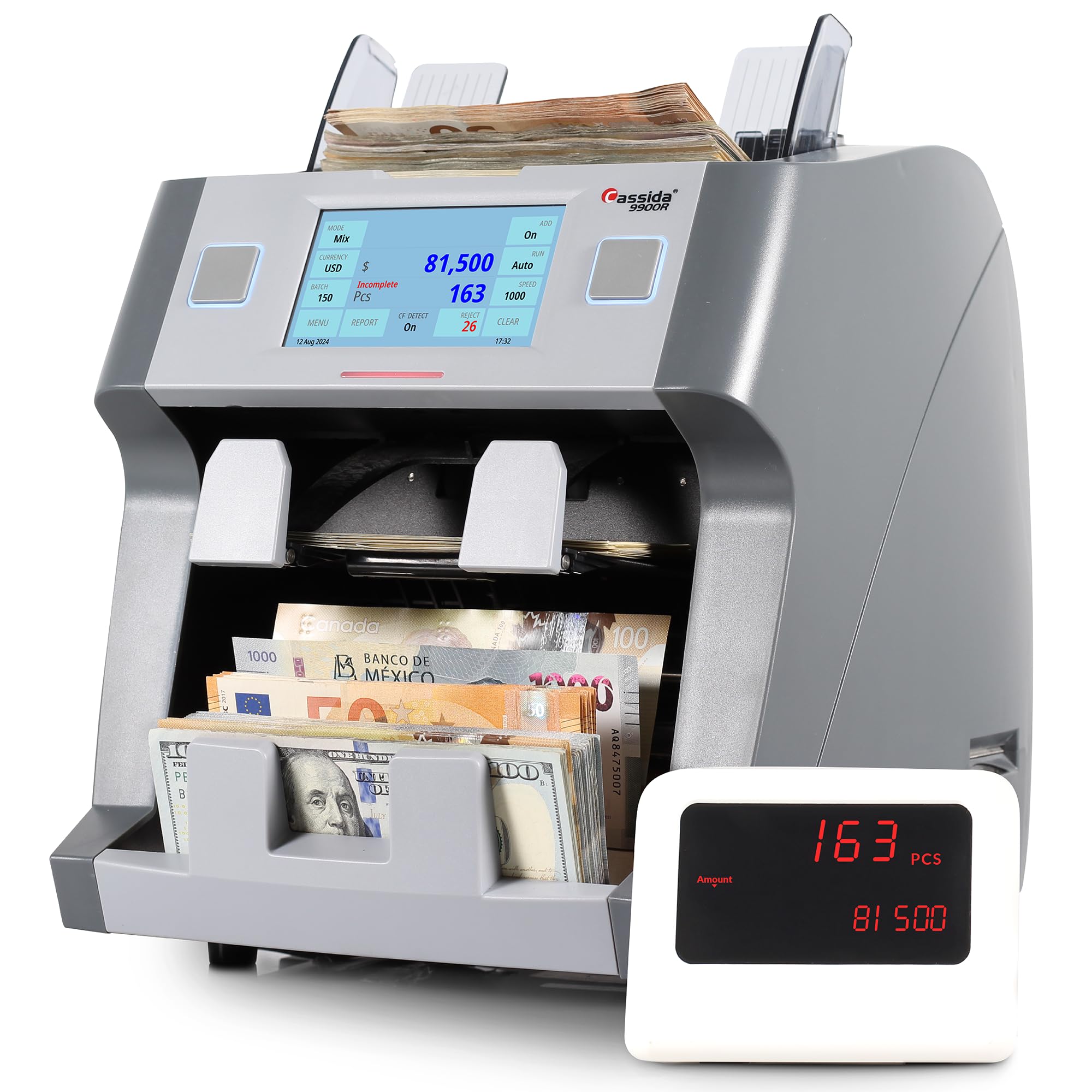Cassida 9900R V2 2-Pocket Premium Bank Grade Money Counter Machine Mixed Denomination, Bill Sorter, Value Counting, Printer Enabled, 2 CIS, UV/MG, IR/IT Counterfeit Detection with Built-in Printer