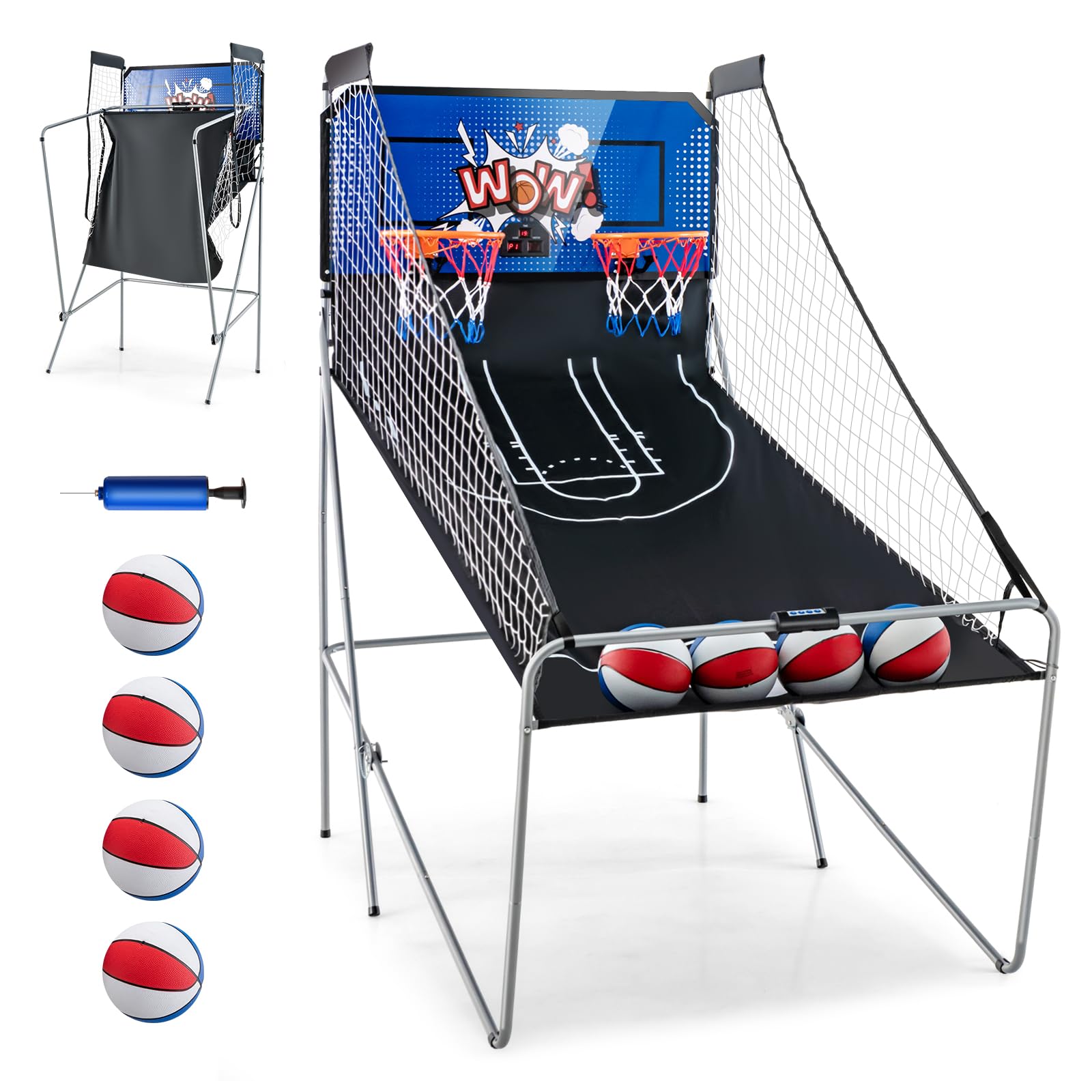 GYMAX Arcade Basketball Game Indoor Foldable with 8 Game Modes, Arcade Sound, 4 Balls and Inflation Pump, Electronic Basketball Games for Home