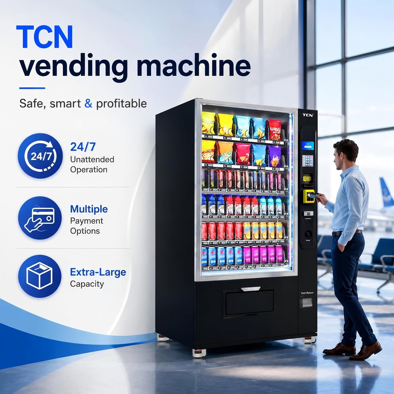 Combo Vending Machine with Card Reader, Snack & Drink Vending Machine for Business, 60 Selections 300 Capacity, Cashless Payment, Smart Vending Machine Commercial Use