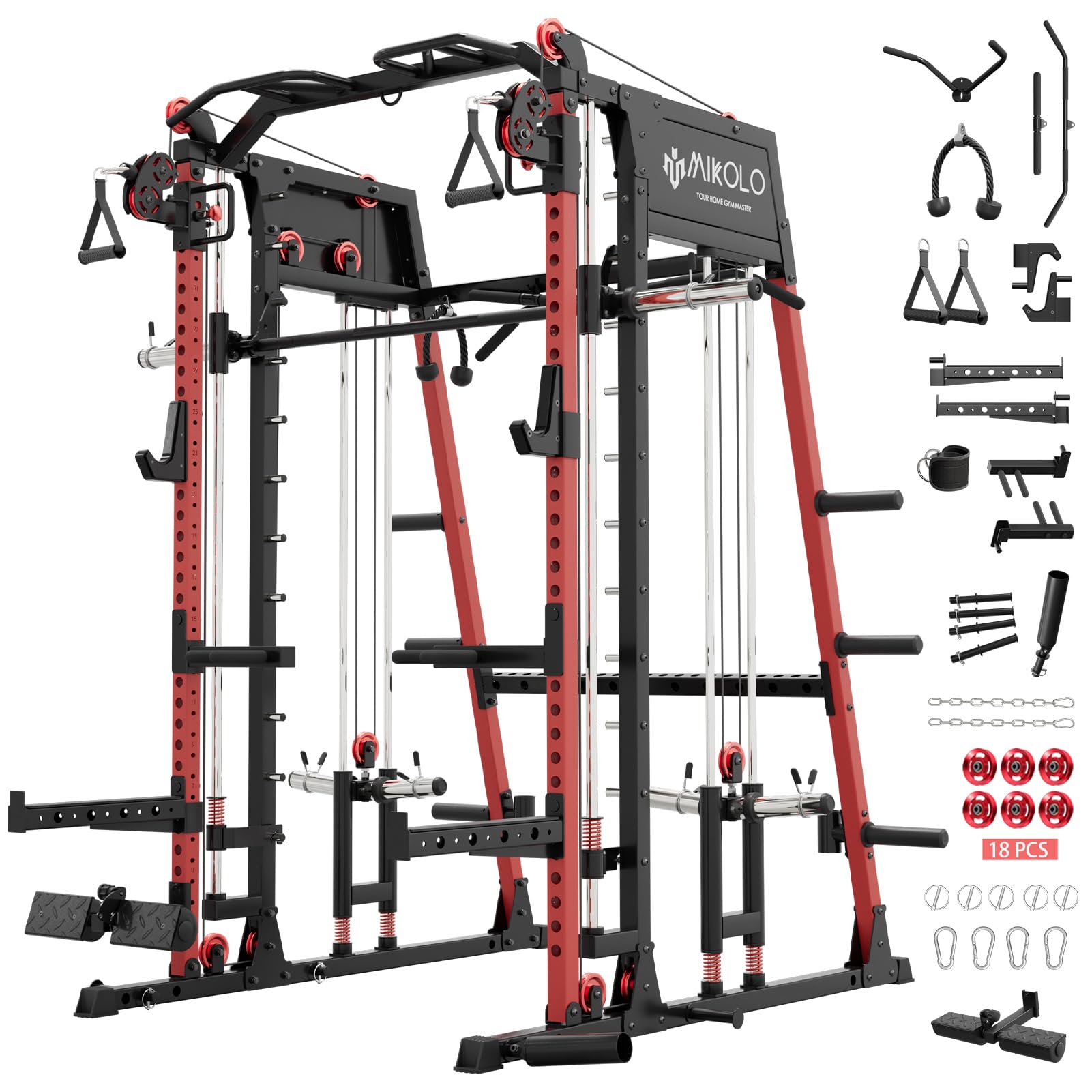 Mikolo M4 2.0 Smith Machine, 2200lbs Squat Rack with LAT-Pull Down System & Cable Crossover Machine, Training Equipment with Leg Hold-Down Attachment