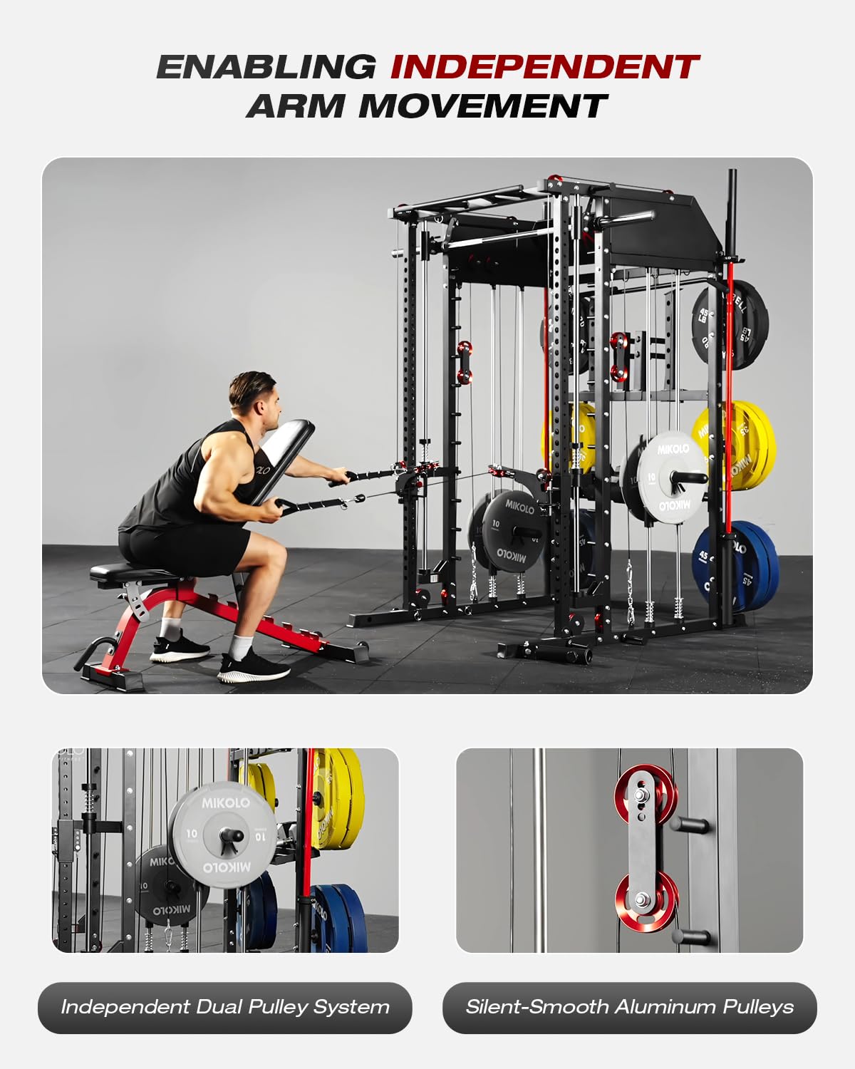 Mikolo Smith Machine, Multi-Function Power Cage with Dual Pulley System, Vertical Leg Press Attachment, Squat Rack Power Rack with More Training Attachment for Home Gym