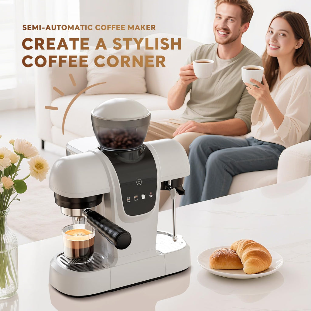 20 Bar Espresso Machine with Grinder & Steam Wand - Semi Automatic Coffee Maker, NTC Intelligent Temp Control, 58mm Stainless Steel Portafilter, One-Touch Panel for Home Barista (BLACK)