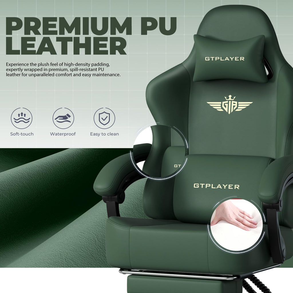 GTPLAYER Gaming Chair with Pocket Spring Cushion, Big and Tall Gamings Chairs 350LBS High Back Computer Chair with Footrest for Adults Lumbar Support Swivel Game Chair for Office,Leather Black-Massage