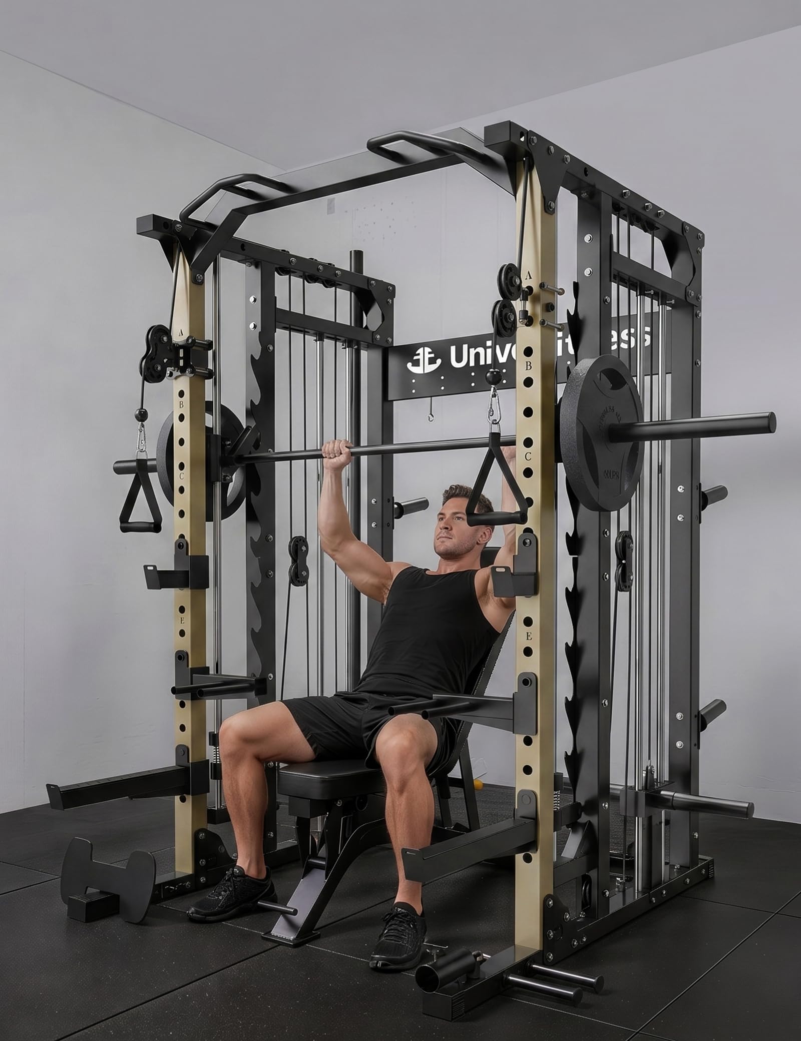 Unive Fitness Smith Machine, Commercial-Grade All-in-One Home Gym Power Cage with Squat Rack, Dual Cable Crossover & Pulley System, Complete Attachments for Full Body Workouts