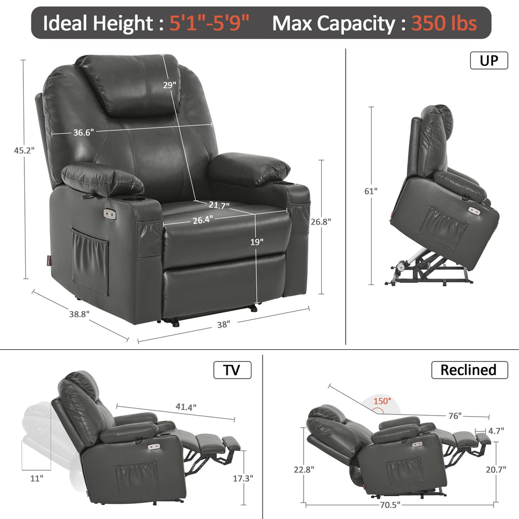 MCombo Electric Power Lift Recliner Chair Sofa with Massage and Heat for Elderly, 3 Positions, 2 Side Pockets, and Cup Holders, USB Ports, Faux Leather 7040 (Grey, Medium)