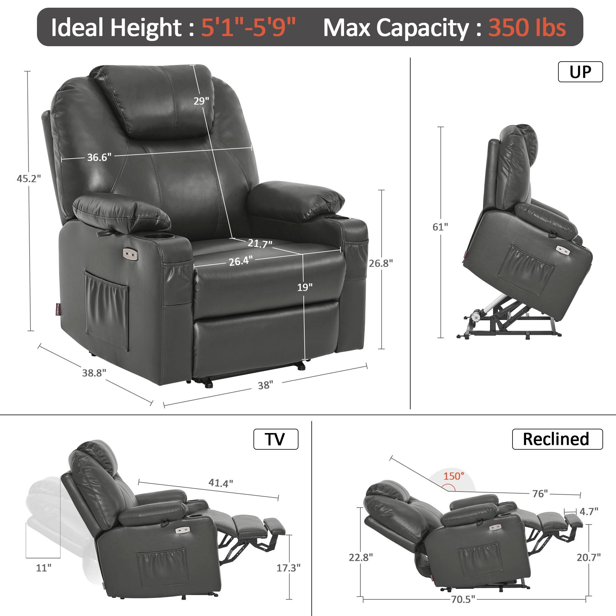 MCombo Electric Power Lift Recliner Chair Sofa with Massage and Heat for Elderly, 3 Positions, 2 Side Pockets, and Cup Holders, USB Ports, Faux Leather 7040 (Grey, Medium)