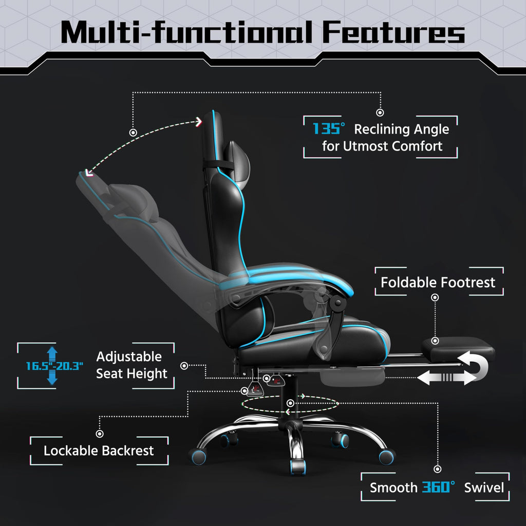 Yaheetech Gaming Chair with Electric Massage Lumbar Support, Footrest & Headrest — Ergonomic High Back Recliner for Home Office, Computer Desk Chair, Height Adjustable, 300 lbs, Black/White