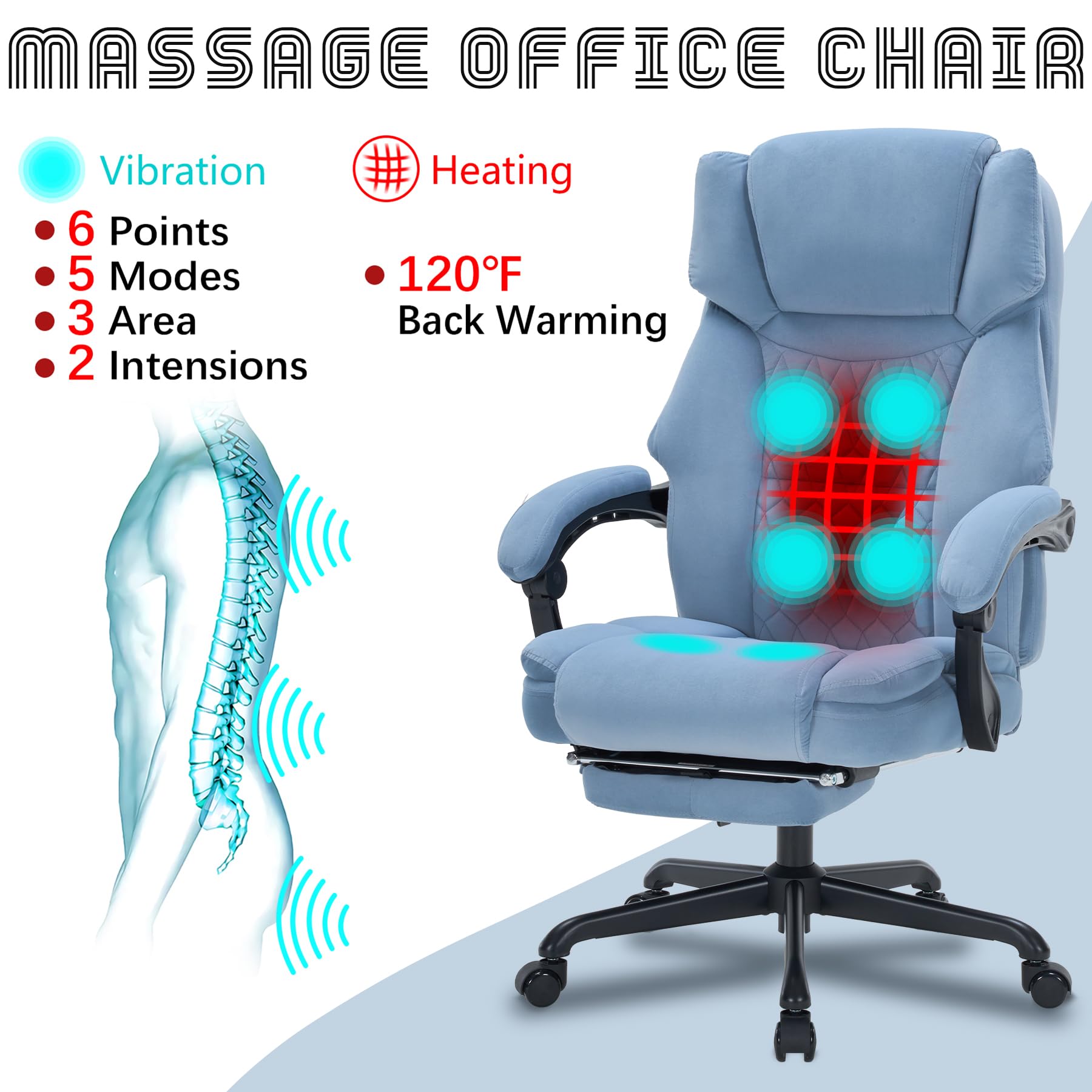 Massage Office Chair with Foot Rest 6 Points Vibration and Heat Home Office Desk Chairs for Heavy People 400lbs Reclining Managerial Chairs Ergonomic Executive Chair (Black)