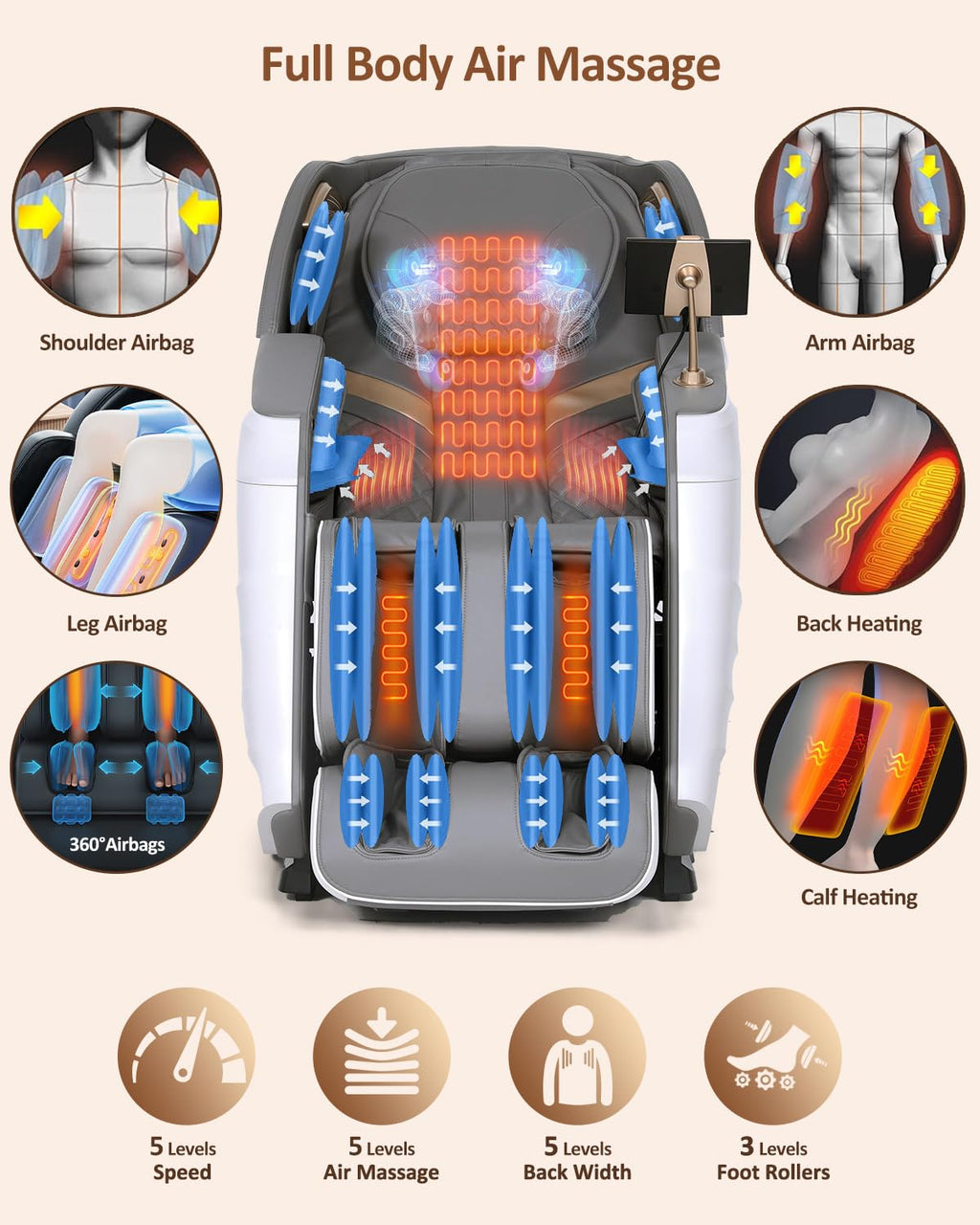 RELX Massage Chair Full Body, 20 Modes Zero Gravity SL-Track Shiatsu Massage Chair Built-in Heat System, Airbag Massage with Body Scan, Deep Yoga Stretch, Calfrest Extension and AI Control(Cream)