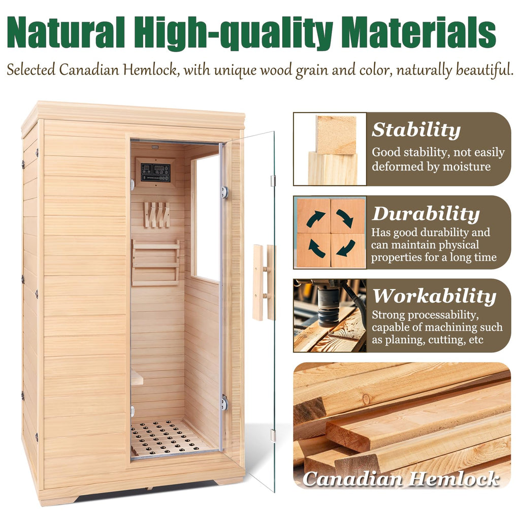 1350W Far Infrared Home Sauna, Energy-Efficient Fast-Heating Indoor Sauna Room with Bluetooth & 7-Color Therapy, Canadian Hemlock Wood, Modular Design - Ideal for Home Gym, Family Relaxation