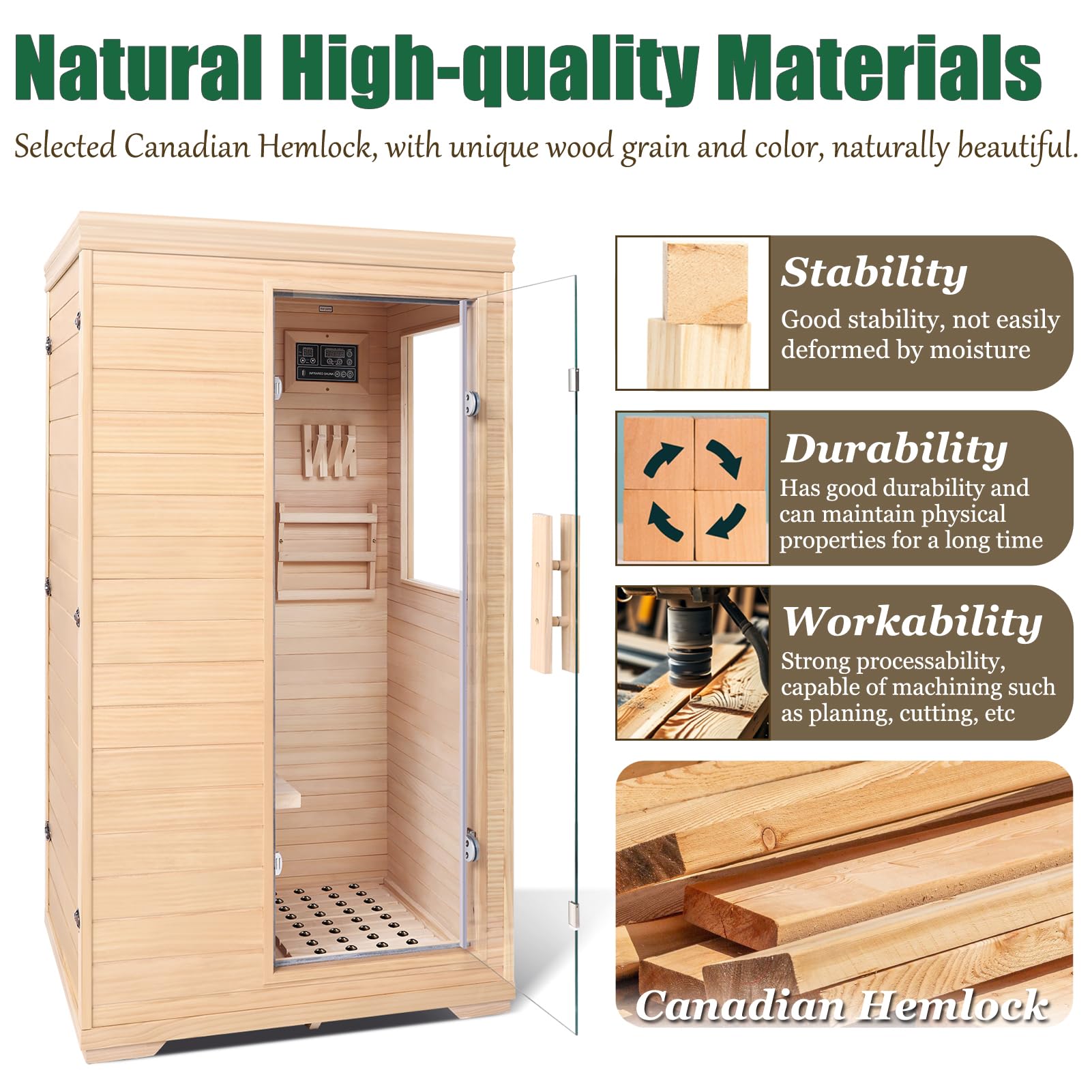 1350W Far Infrared Home Sauna, Energy-Efficient Fast-Heating Indoor Sauna Room with Bluetooth & 7-Color Therapy, Canadian Hemlock Wood, Modular Design - Ideal for Home Gym, Family Relaxation