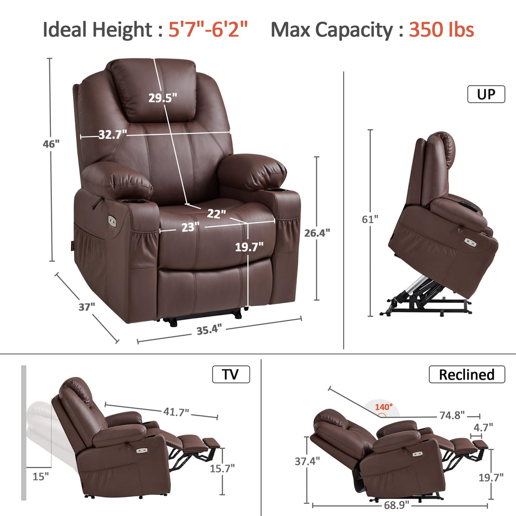 MCombo Electric Power Lift Recliner Chair Sofa with Massage and Heat for Elderly, 3 Positions, 2 Side Pockets, and Cup Holders, USB Ports, Faux Leather 7040 (Grey, Medium)