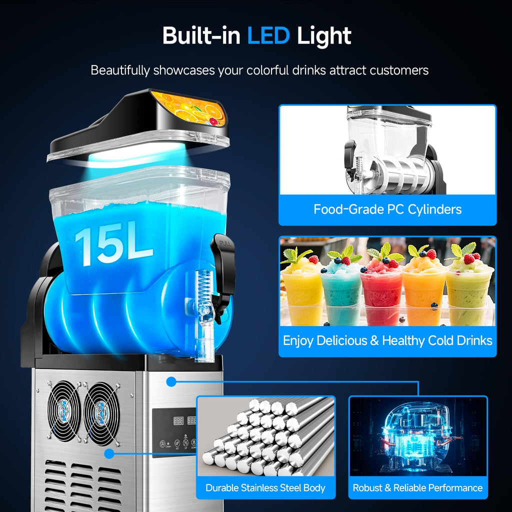 Slushy Machine,15L x2 Double Tanks Comercial Margarita &Slushie Machine,120+ Cups 1000W 110V Electric Large Daiquiri Machine with Self-cleaning Mode,for Home Party Restaurants Cafe Bars