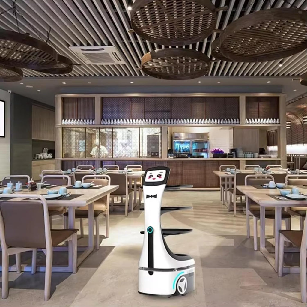Intelligent Delivery Robot with HD Advertising Screen, Adjustable Suspension & Precise Speed Control, Spill Proof Tray for Restaurant Hotel, Auto Charging & Autonomous Cruise Service