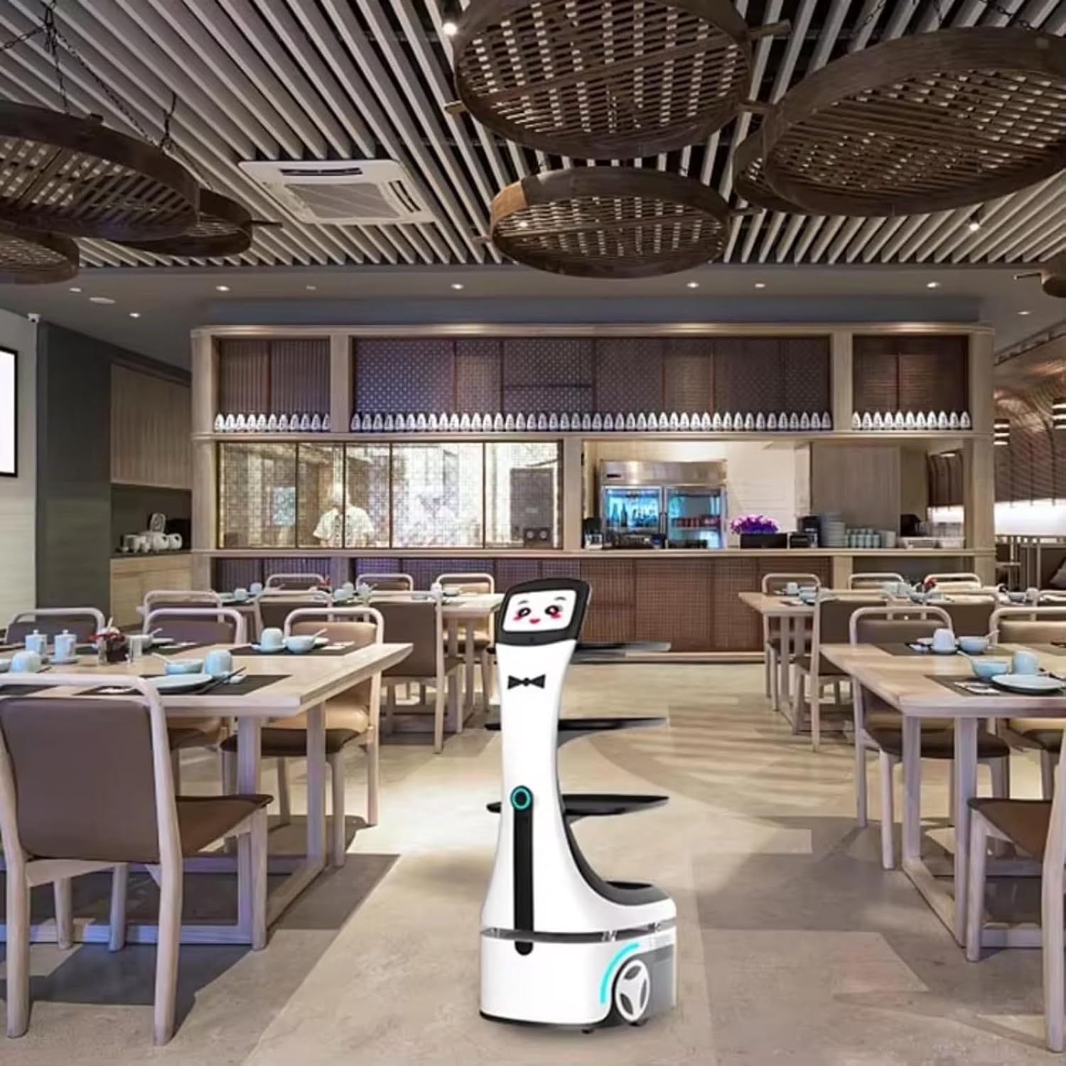 Intelligent Delivery Robot with HD Advertising Screen, Adjustable Suspension & Precise Speed Control, Spill Proof Tray for Restaurant Hotel, Auto Charging & Autonomous Cruise Service