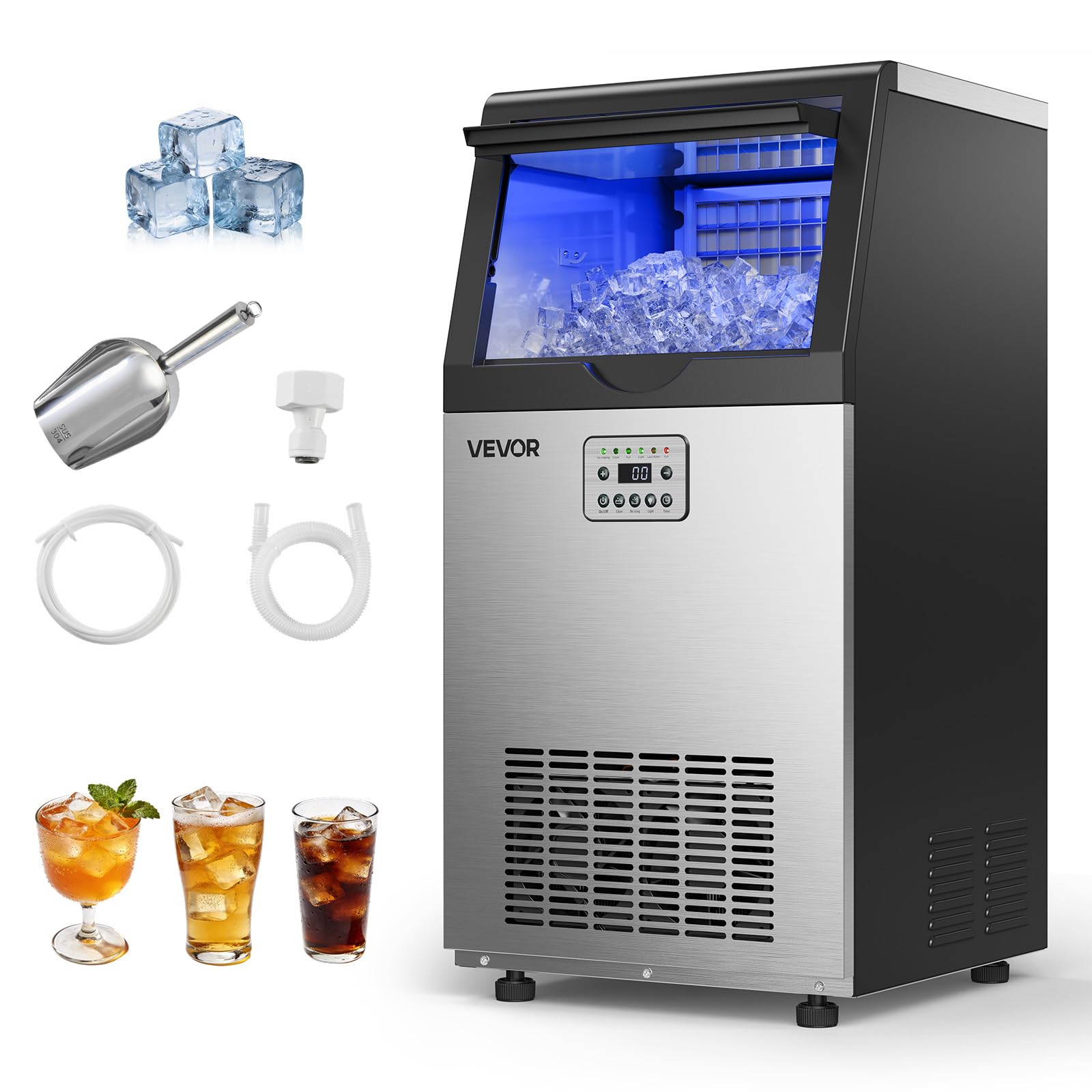 VEVOR Commercial Ice Maker Machine, 100 lbs/24h with 30-35 lbs Storage, Bullet Ice,Built-in/Freestanding/Under Counter, Stainless Steel Ice Maker with LED Display for Home Bar Restaurant
