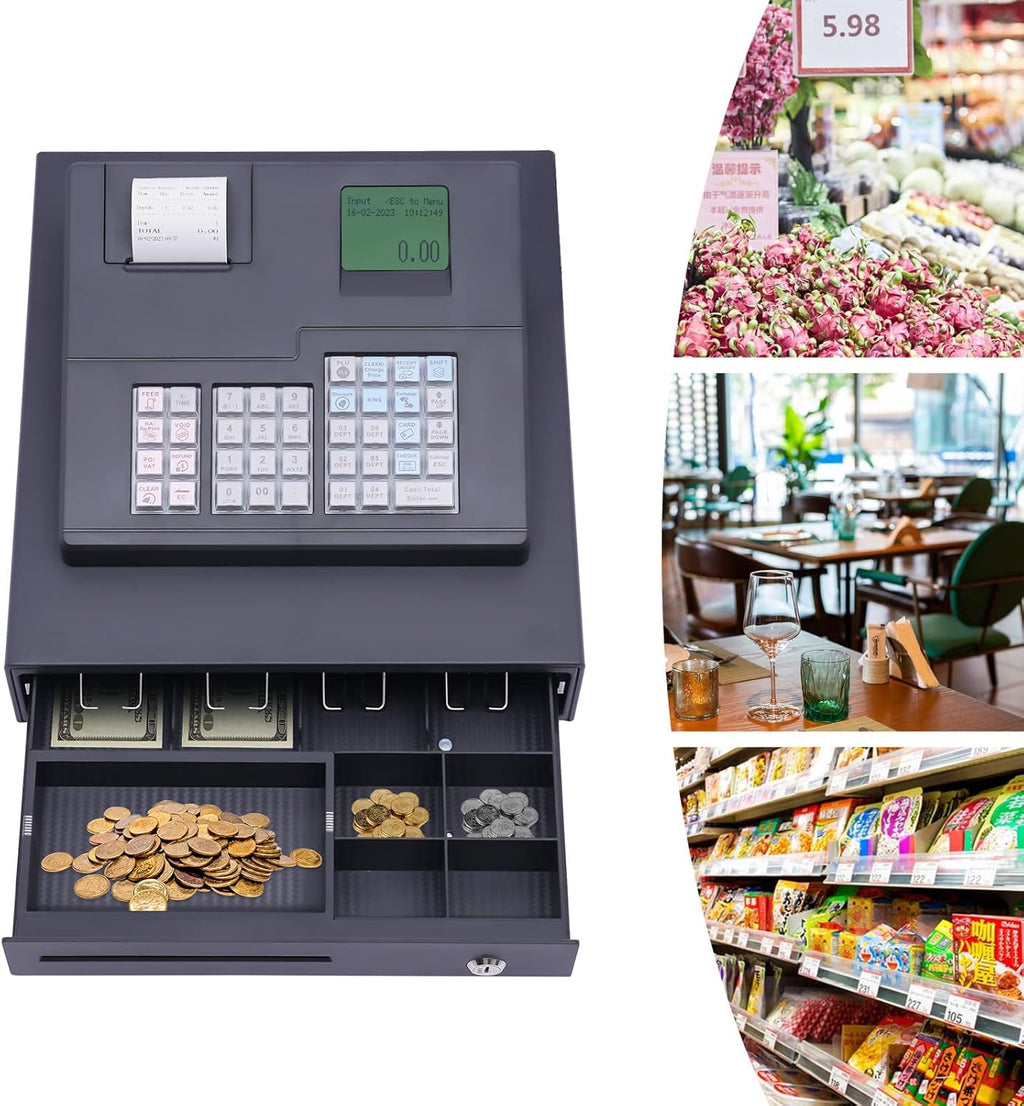 ECR600 Cash Register 38 Keys POS Cash Register for Small Businesses ATM Machines for Sale, Quick Load Thermal Printer, Compact Size, Cash and Coin Drawer, Black